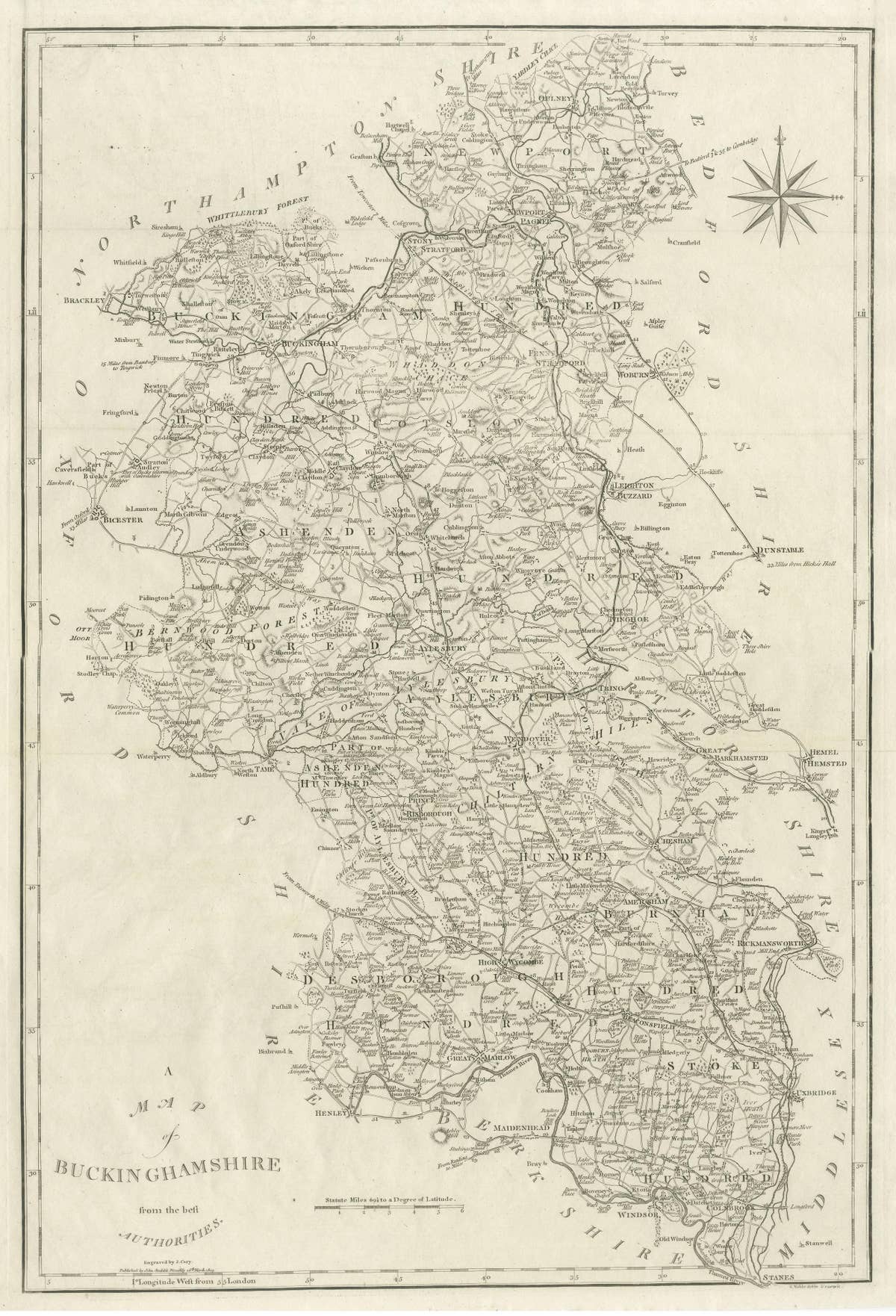 Large Antique County Map of Buckinghamshire, England
