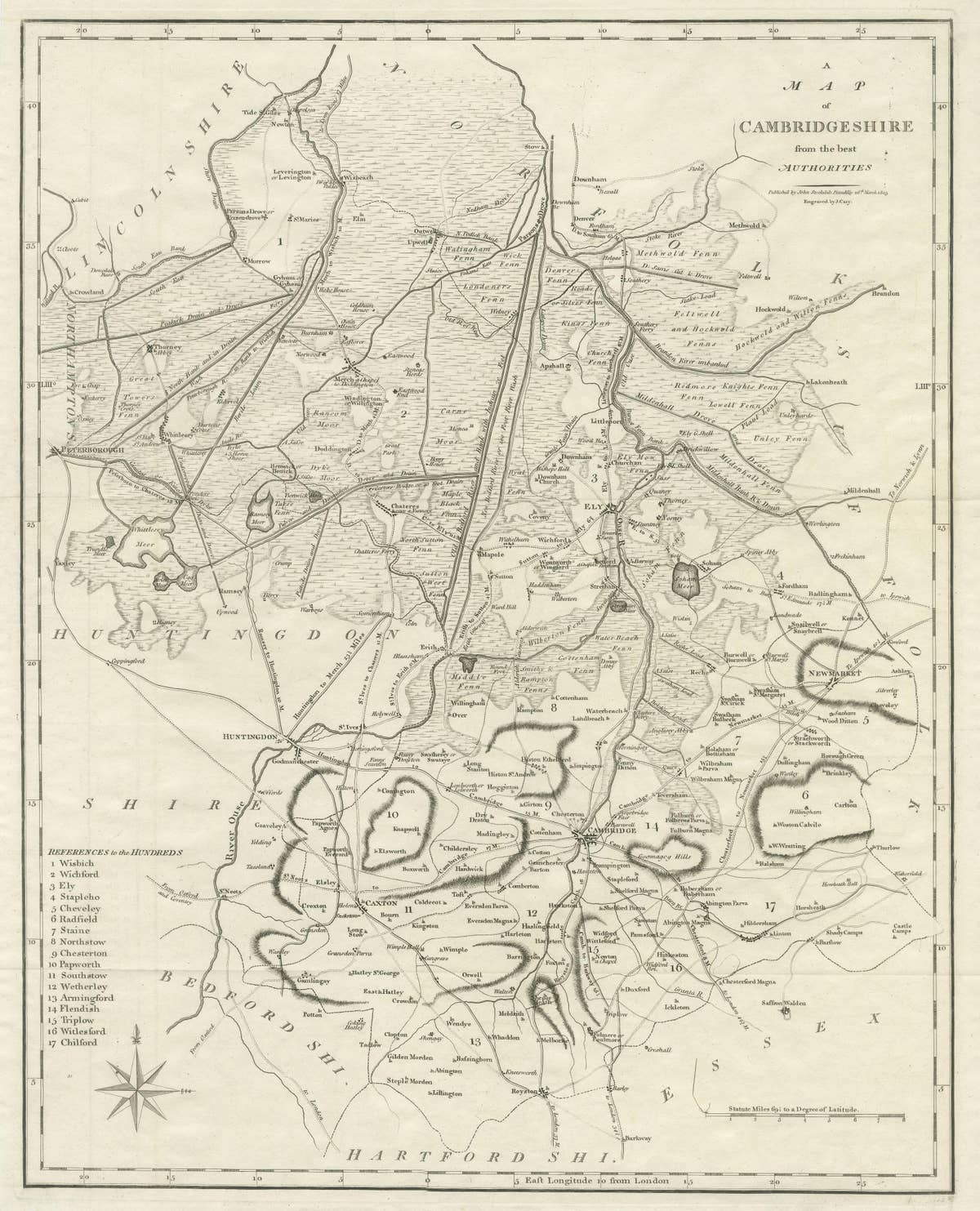 Large Antique County Map of Cambridgeshire, England