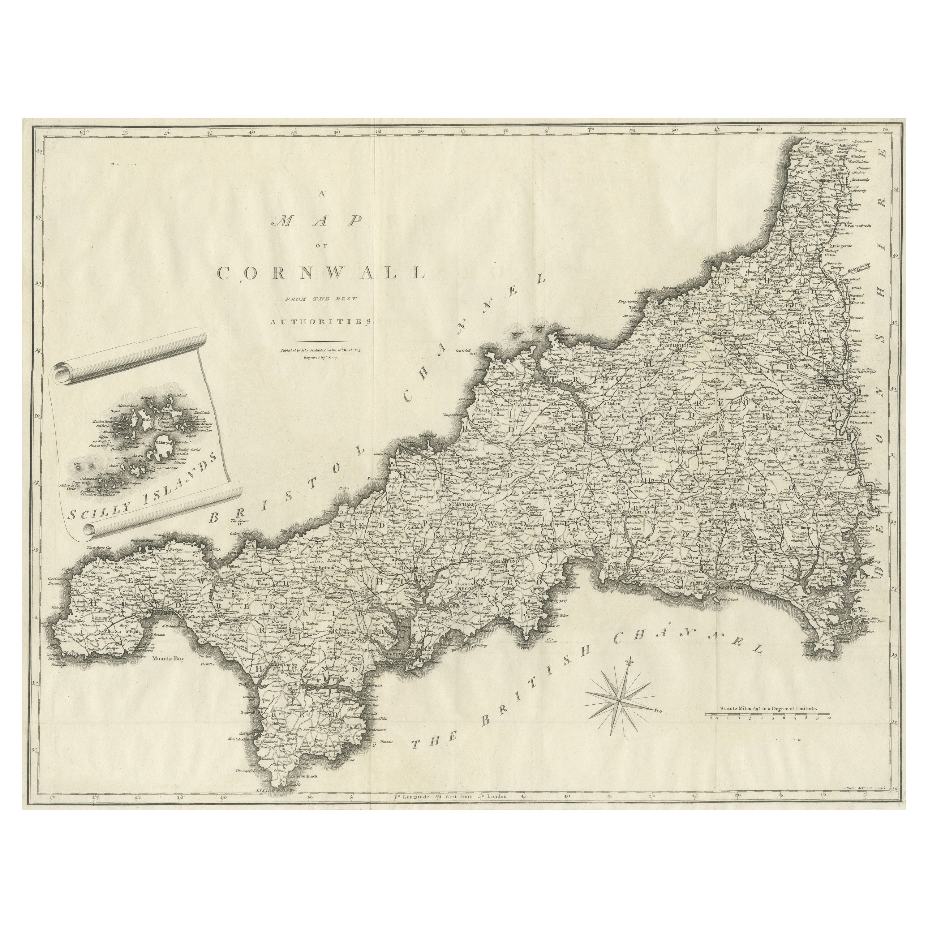 Grande mappa antica della Cornovaglia e delle Isole Scilly, Inghilterra in vendita