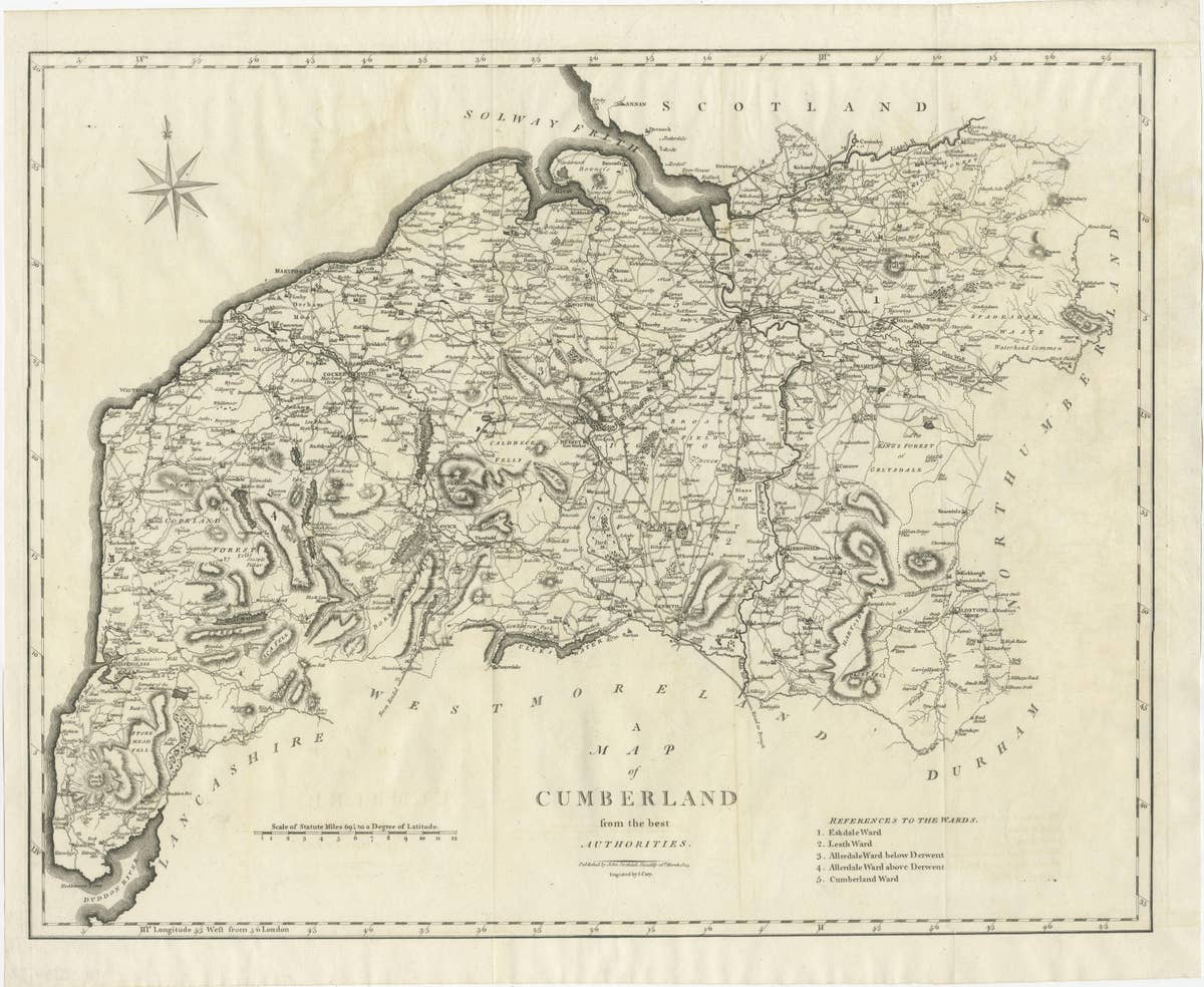 Large Antique County Map of Cumberland, England