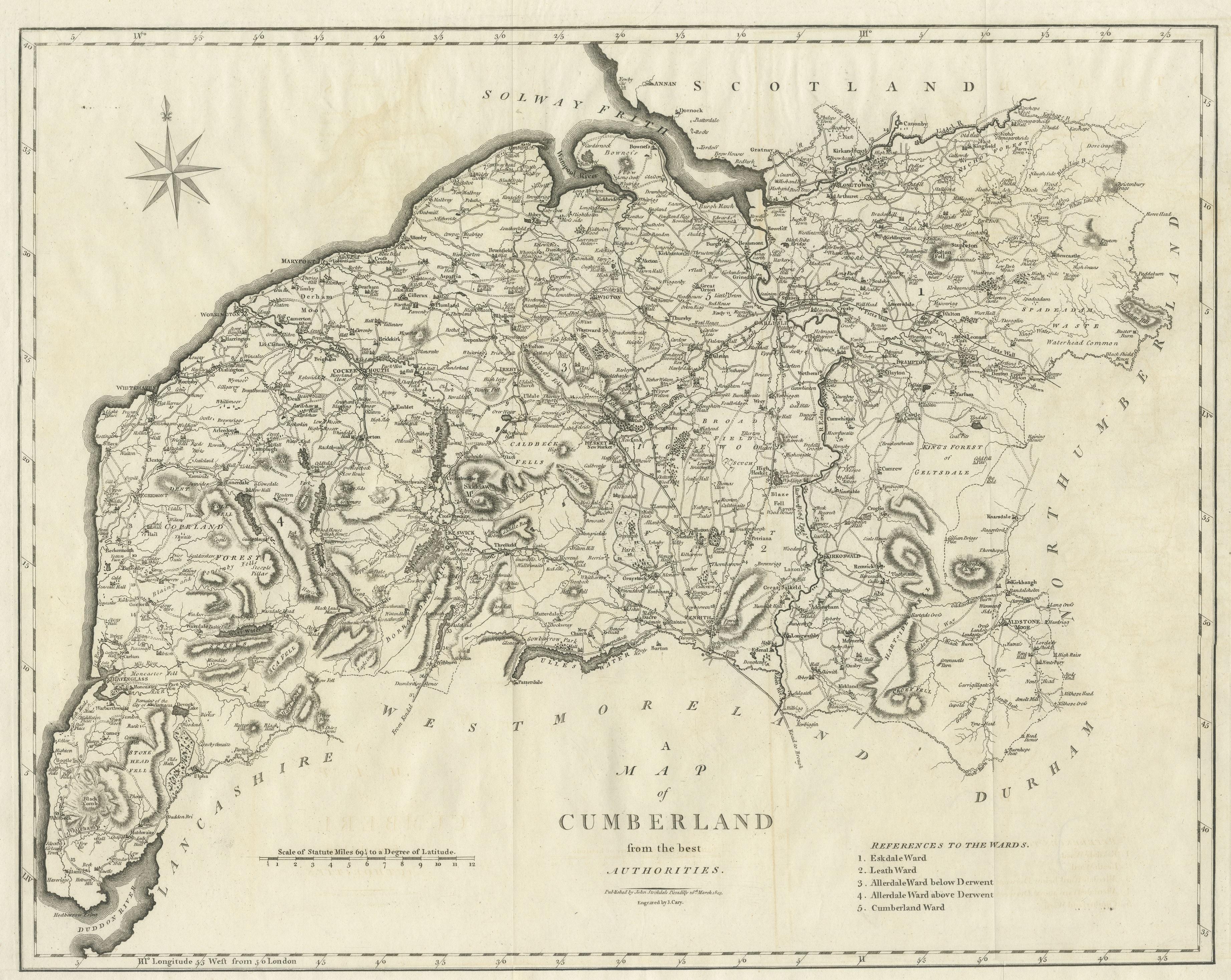 Grande carte ancienne du comté de Cumberland, Angleterre État moyen - En vente à Langweer, NL