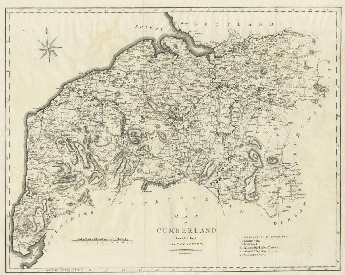 Large Antique County Map of Cumberland, England