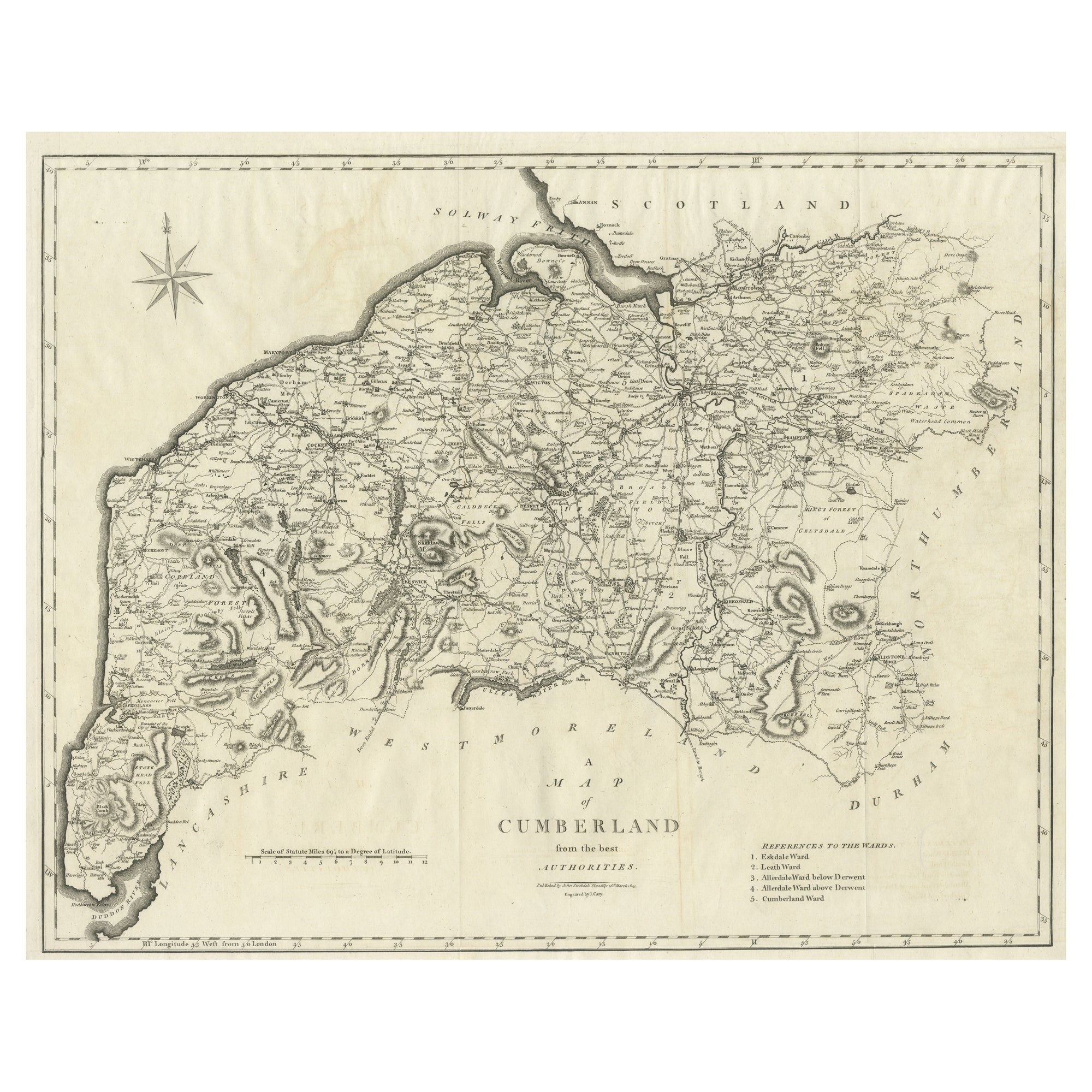 Grande mappa antica della contea di Cumberland, Inghilterra