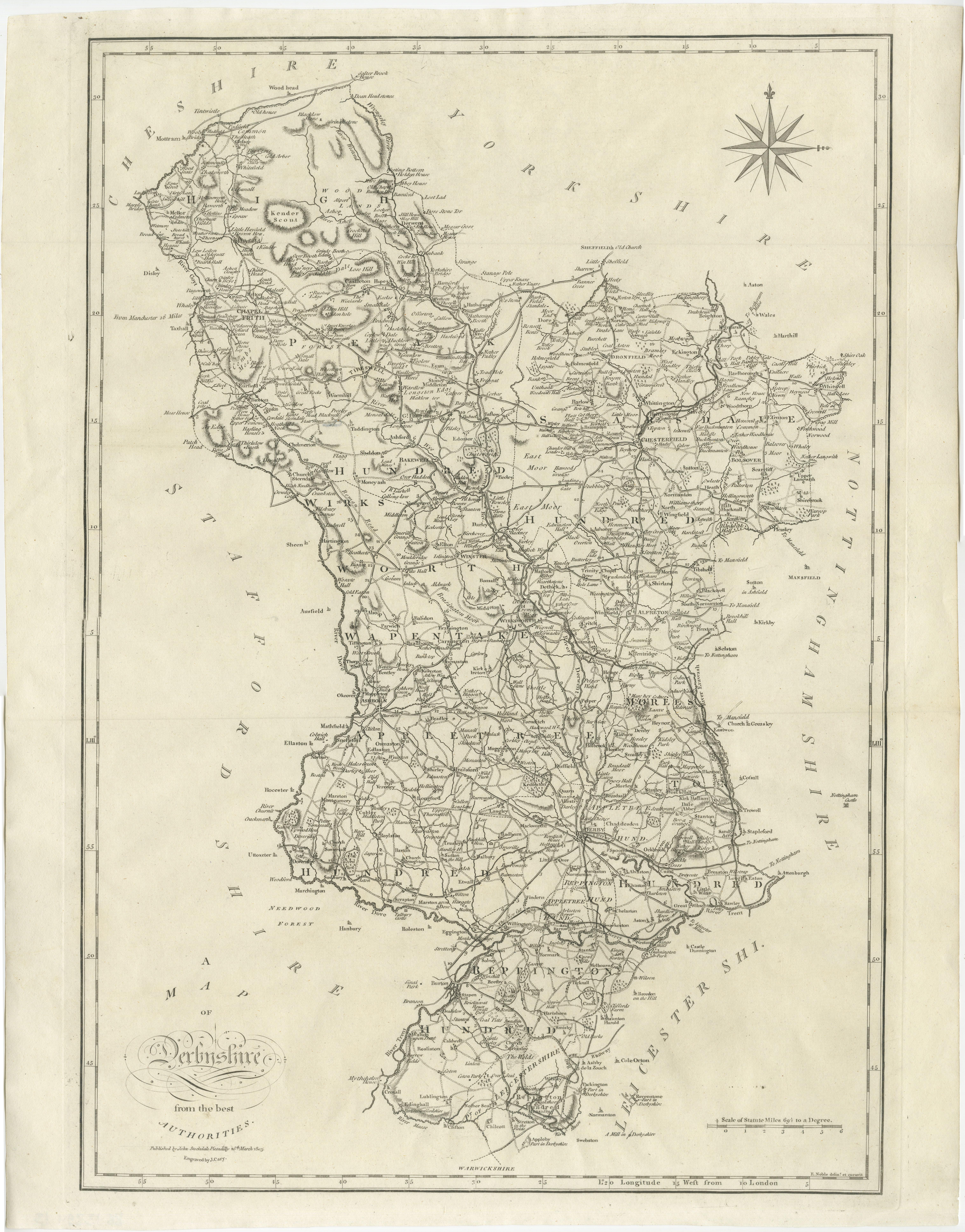 Antike Karte mit dem Titel 'A Map of Derbyshire from the best Authorities'. Original alte Grafschaftskarte von Derbyshire, England. Gestochen von John Cary's. Stammt aus dem 