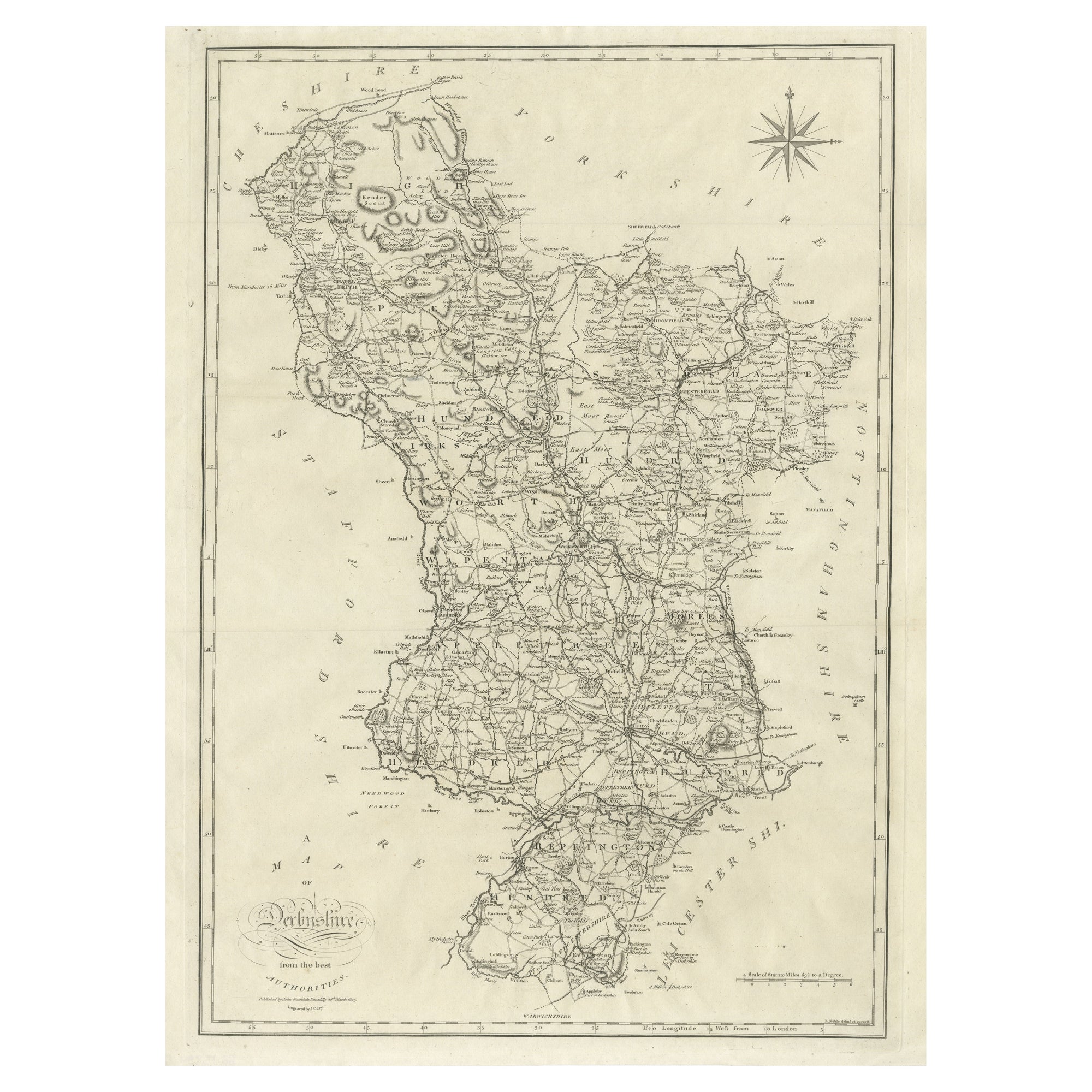 Grande mappa antica della contea del Derbyshire, Inghilterra