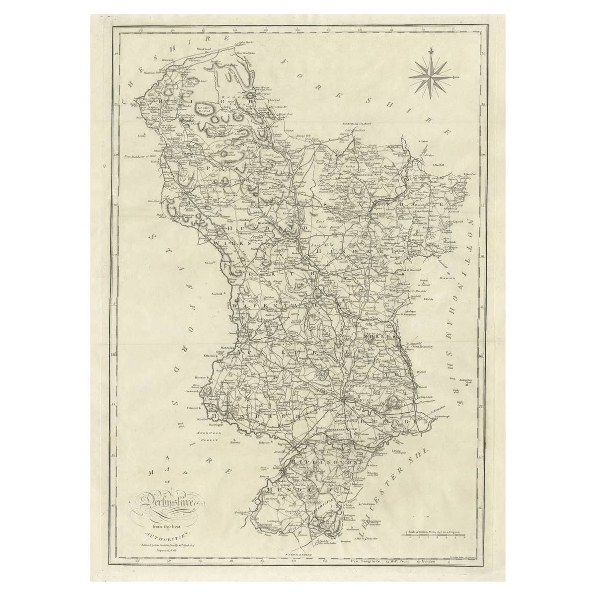 Large Antique County Map of Derbyshire, England, 1805
