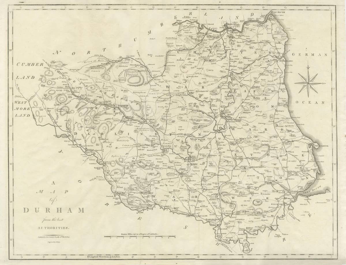 Large Antique County Map of Durham, England