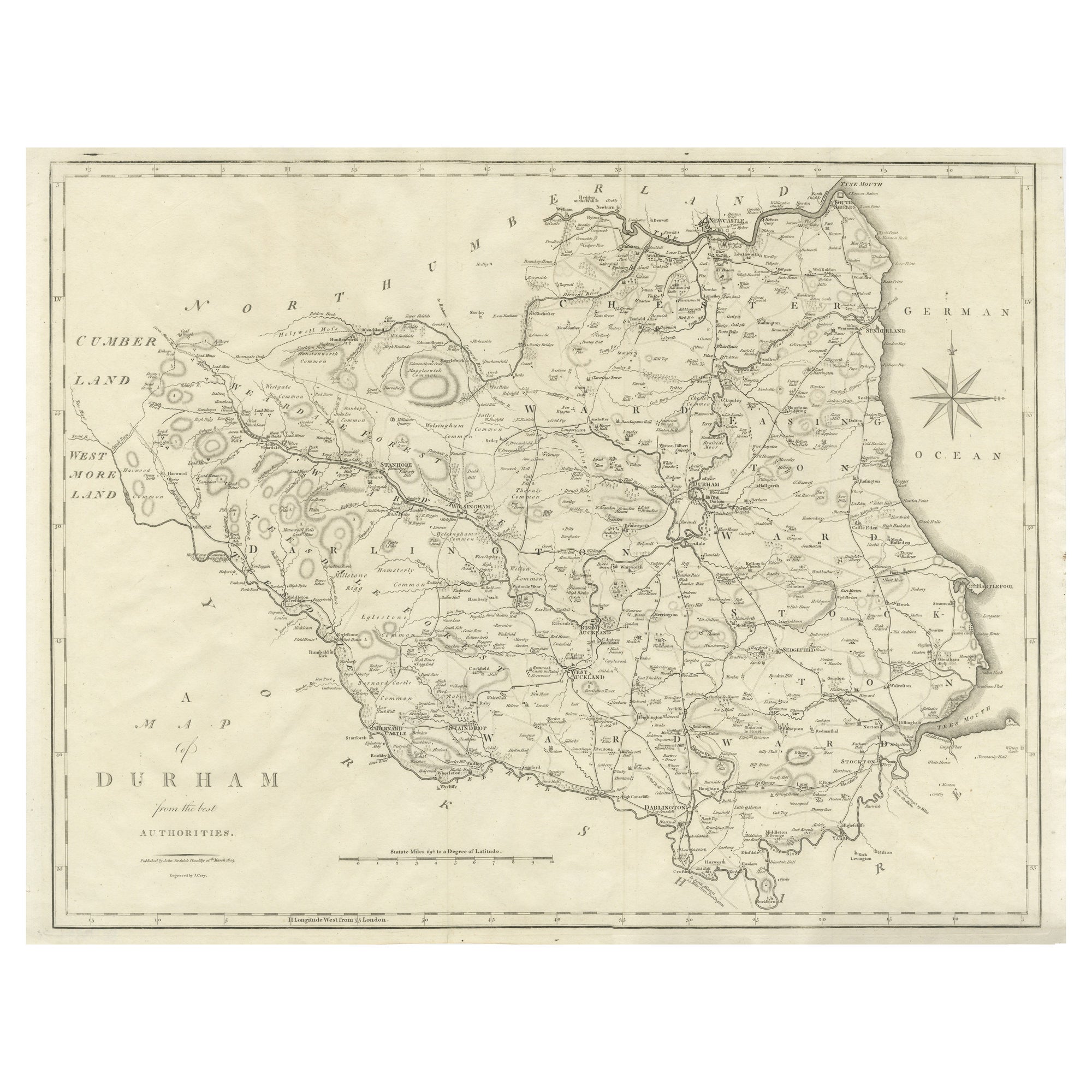 Grande mappa antica della contea di Durham, Inghilterra