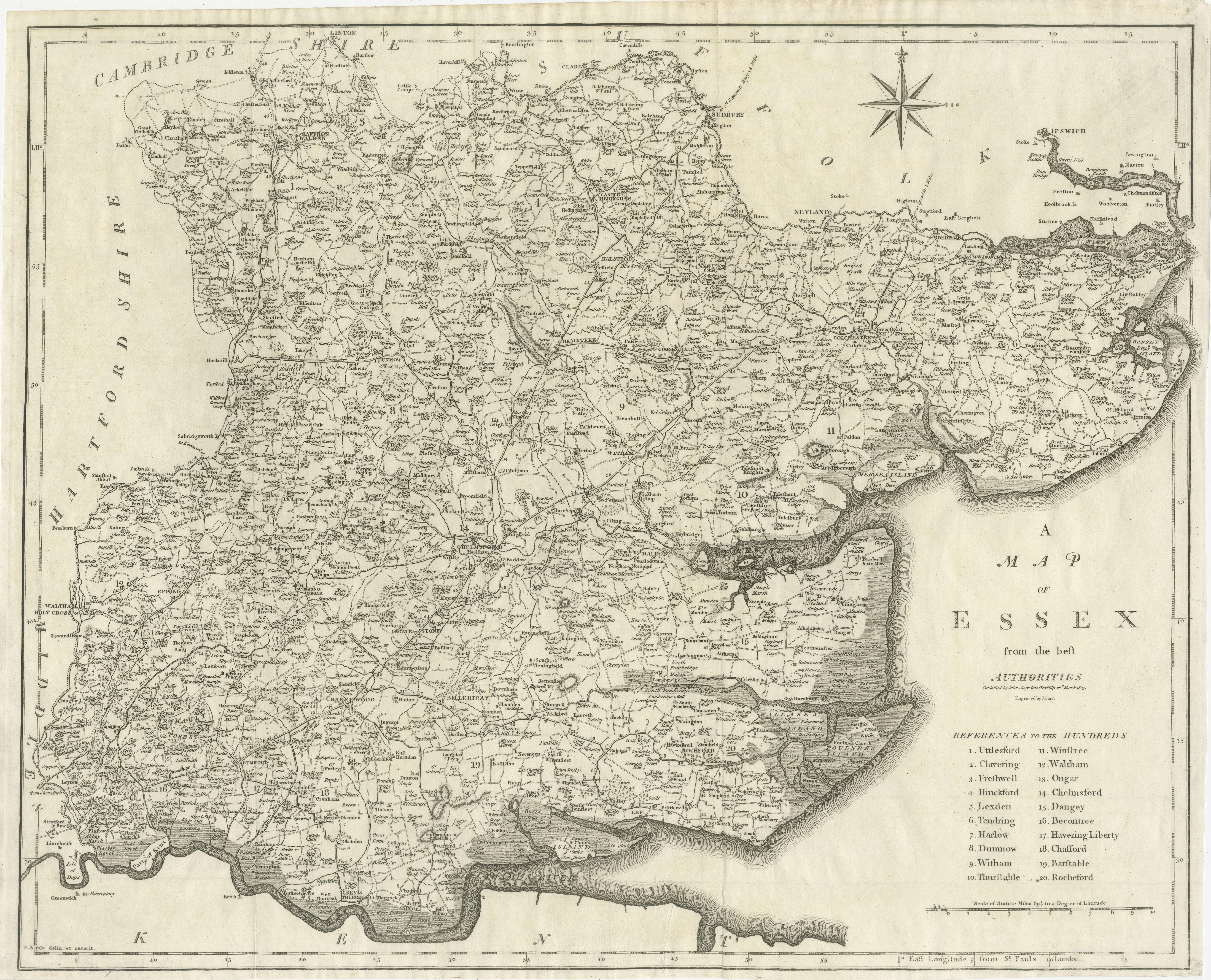 Antique map titled 'A Map of Essex from the best Authorities'. Original old county map of Essex, England. Engraved by John Cary. Originates from 'New British Atlas' by John Stockdale, published 1805. 

John Cary (1755-1835) was a British
