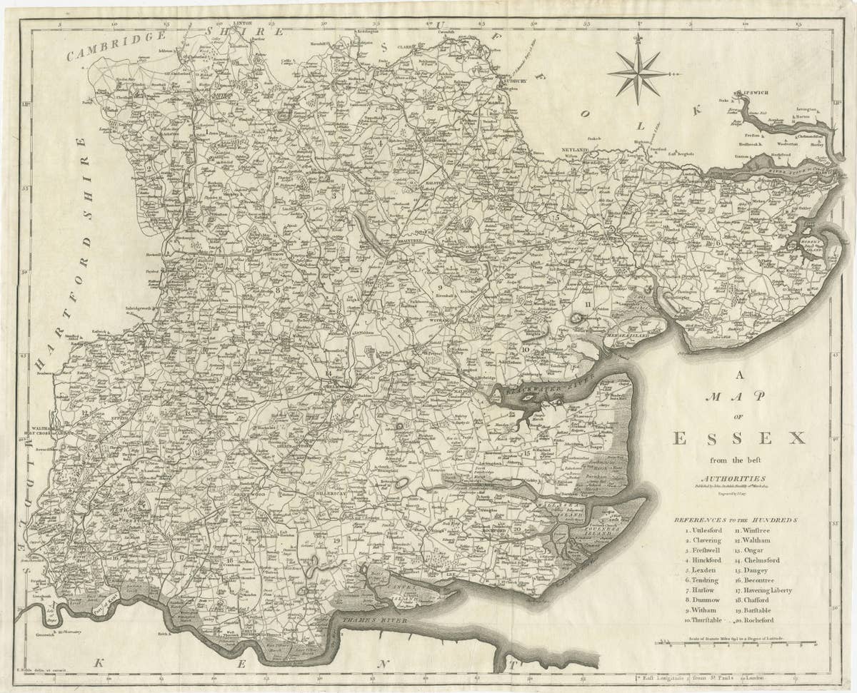 Large Antique County Map of Essex, England