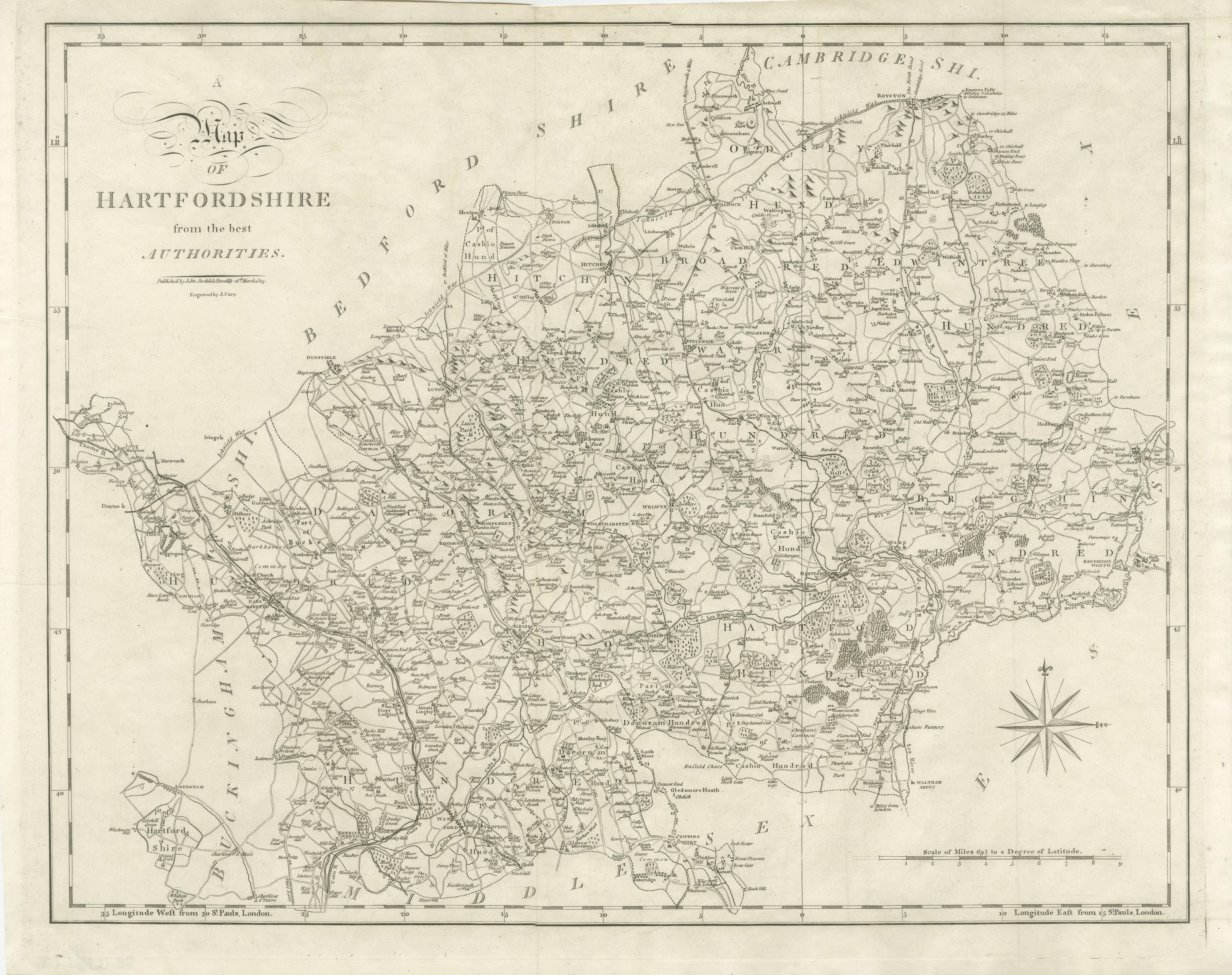 Antique map titled 'A Map of Hartfordshire from the best Authorities'. Original old county map of Hertfordshire, England. Engraved by John Cary. Originates from 'New British Atlas' by John Stockdale, published 1805. 

John Cary (1755-1835) was a