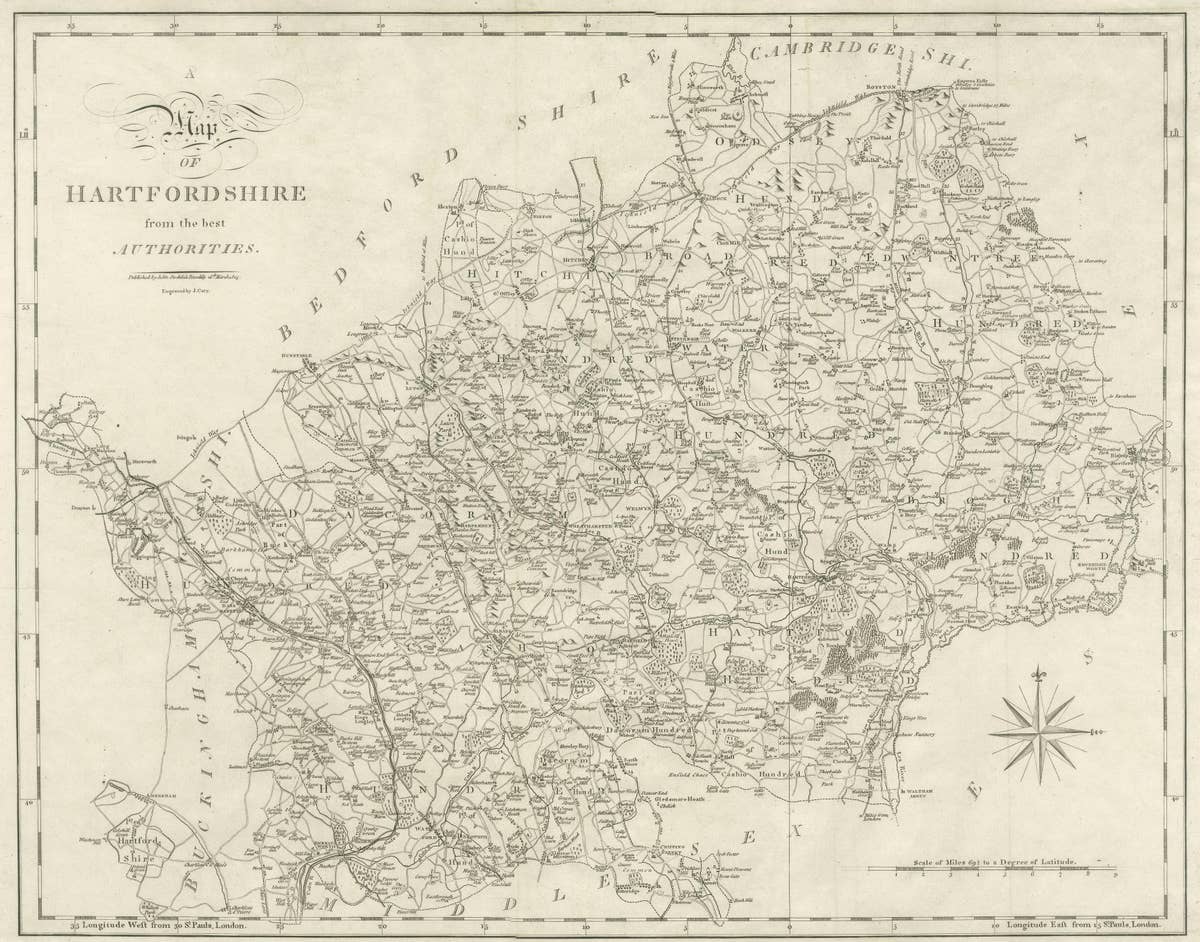 Large Antique County Map of Hertfordshire, England