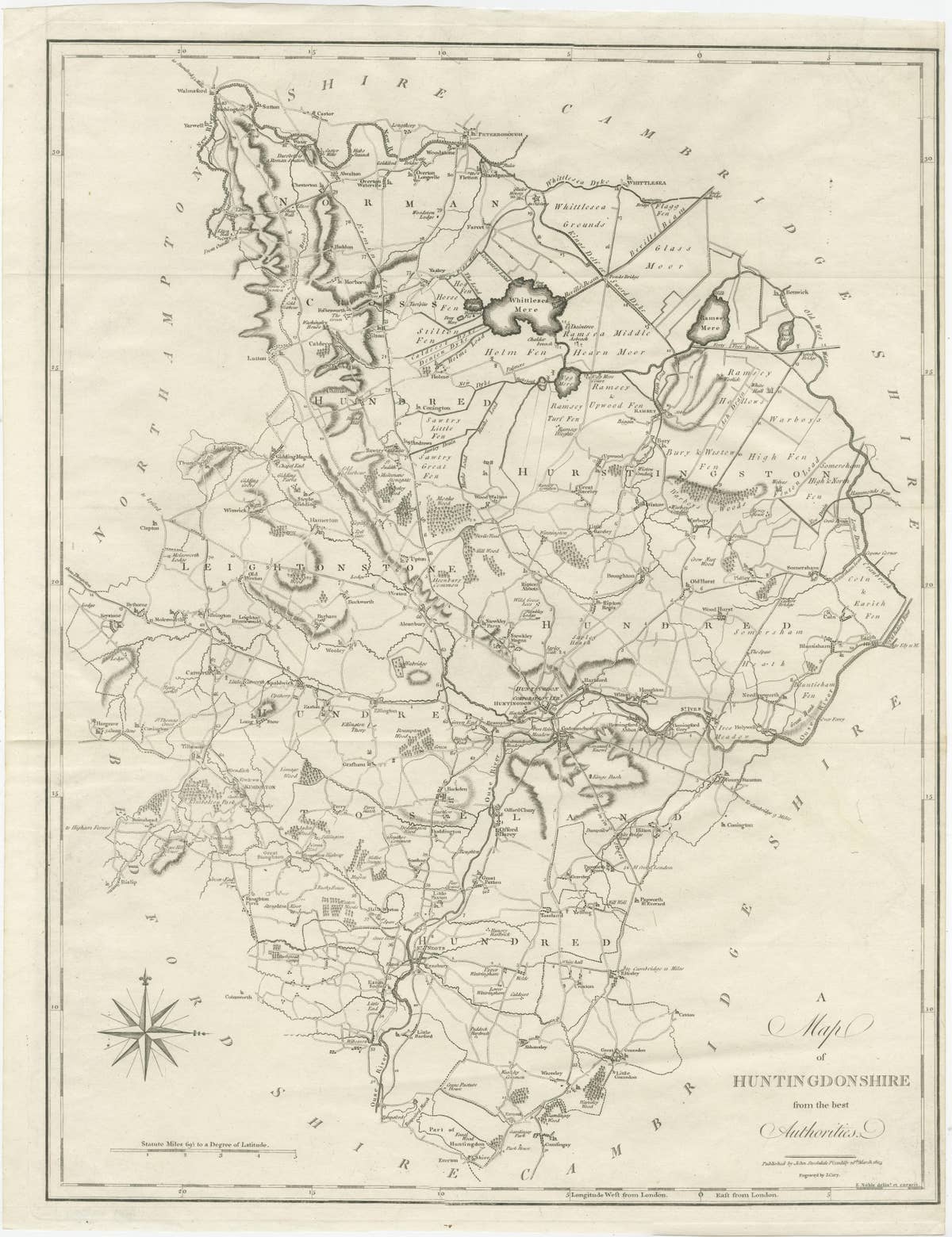 Large Antique County Map of Huntingdonshire, England
