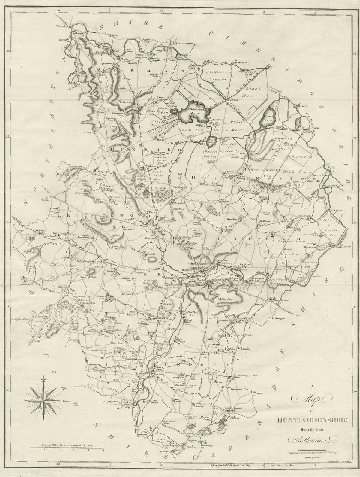 Large Antique County Map of Huntingdonshire, England