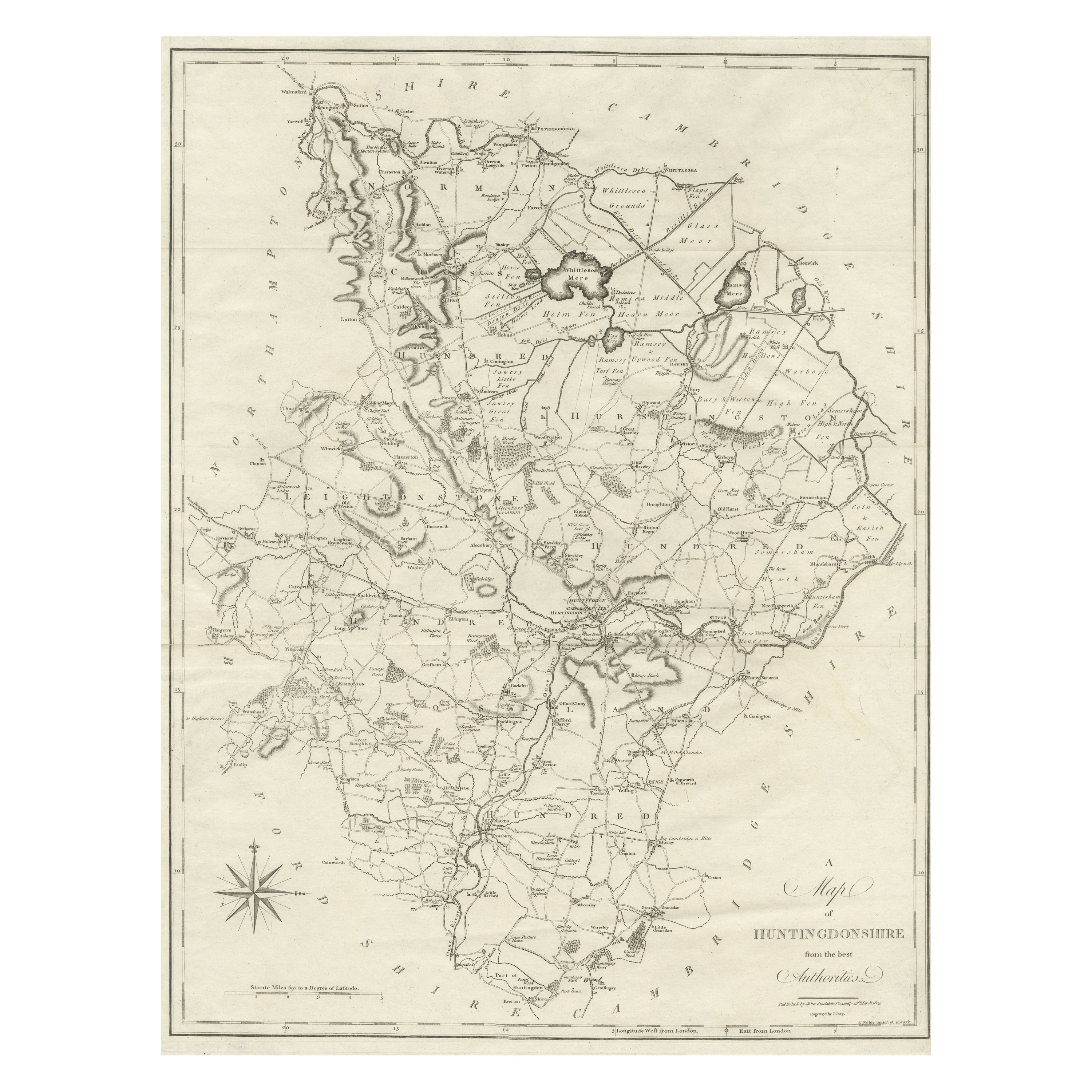 Grande mappa antica della contea di Huntingdonshire, Inghilterra