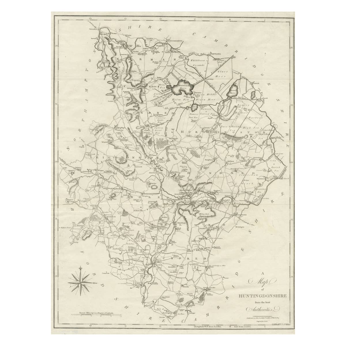Large Antique County Map of Huntingdonshire, England