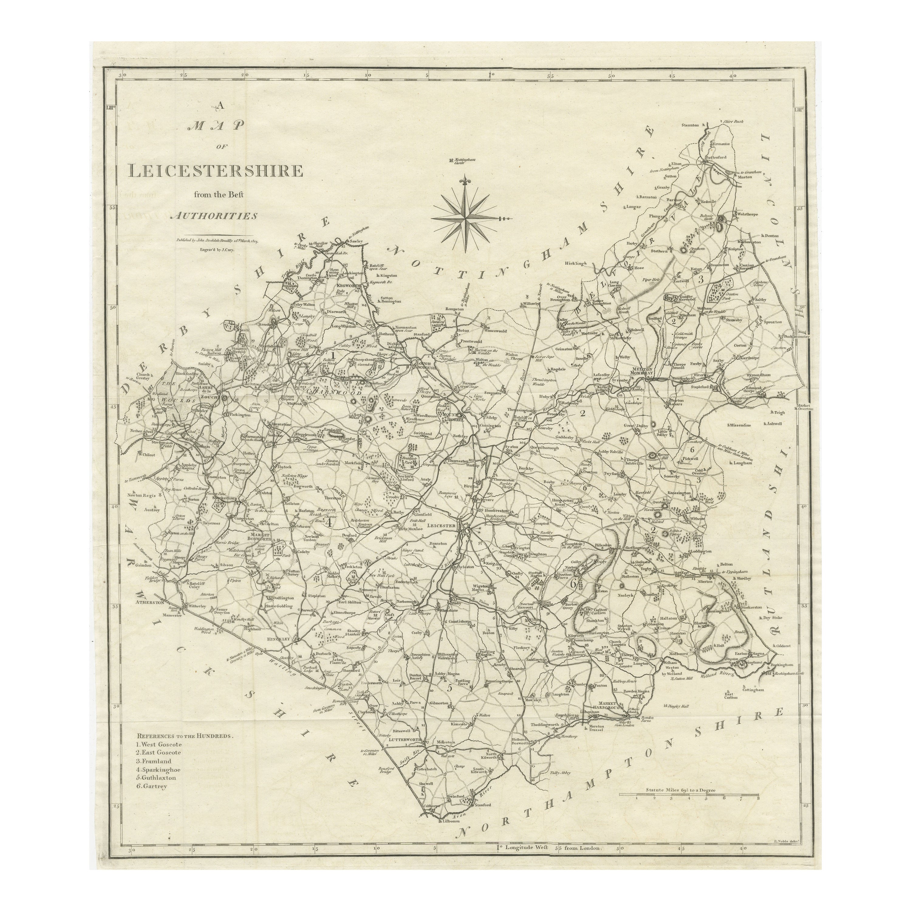 Grande mappa antica della contea del Leicestershire, Inghilterra, 1805 in vendita