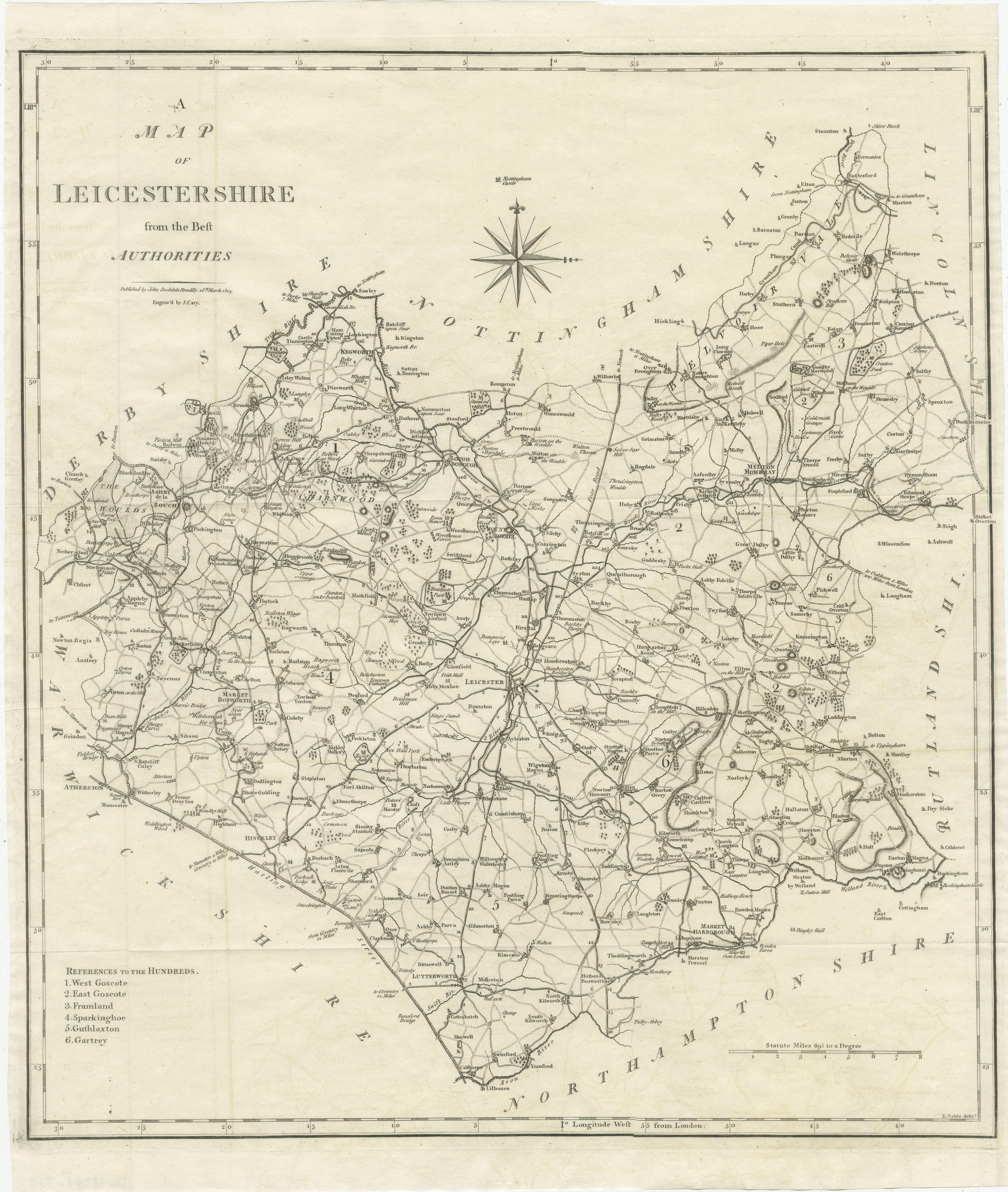 Explore Leicestershire's Past: Antique Map by John Cary

Step into the history of Leicestershire, England, with this original old county map engraved by the renowned cartographer John Cary. Titled 'A Map of Leicestershire from the best Authorities,'