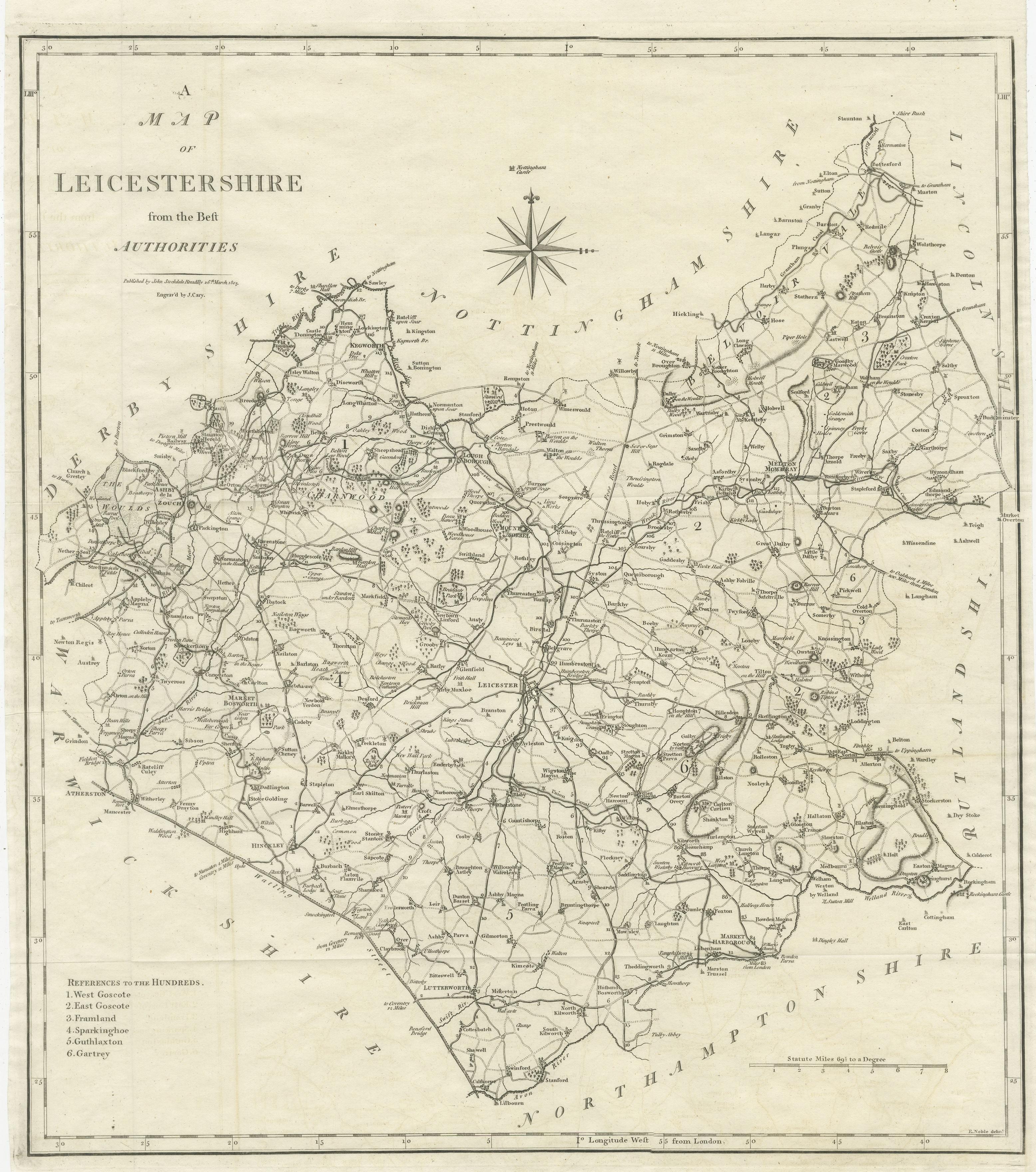 Grande carte ancienne du County de Leicestershire, Angleterre, 1805 Bon état - En vente à Langweer, NL