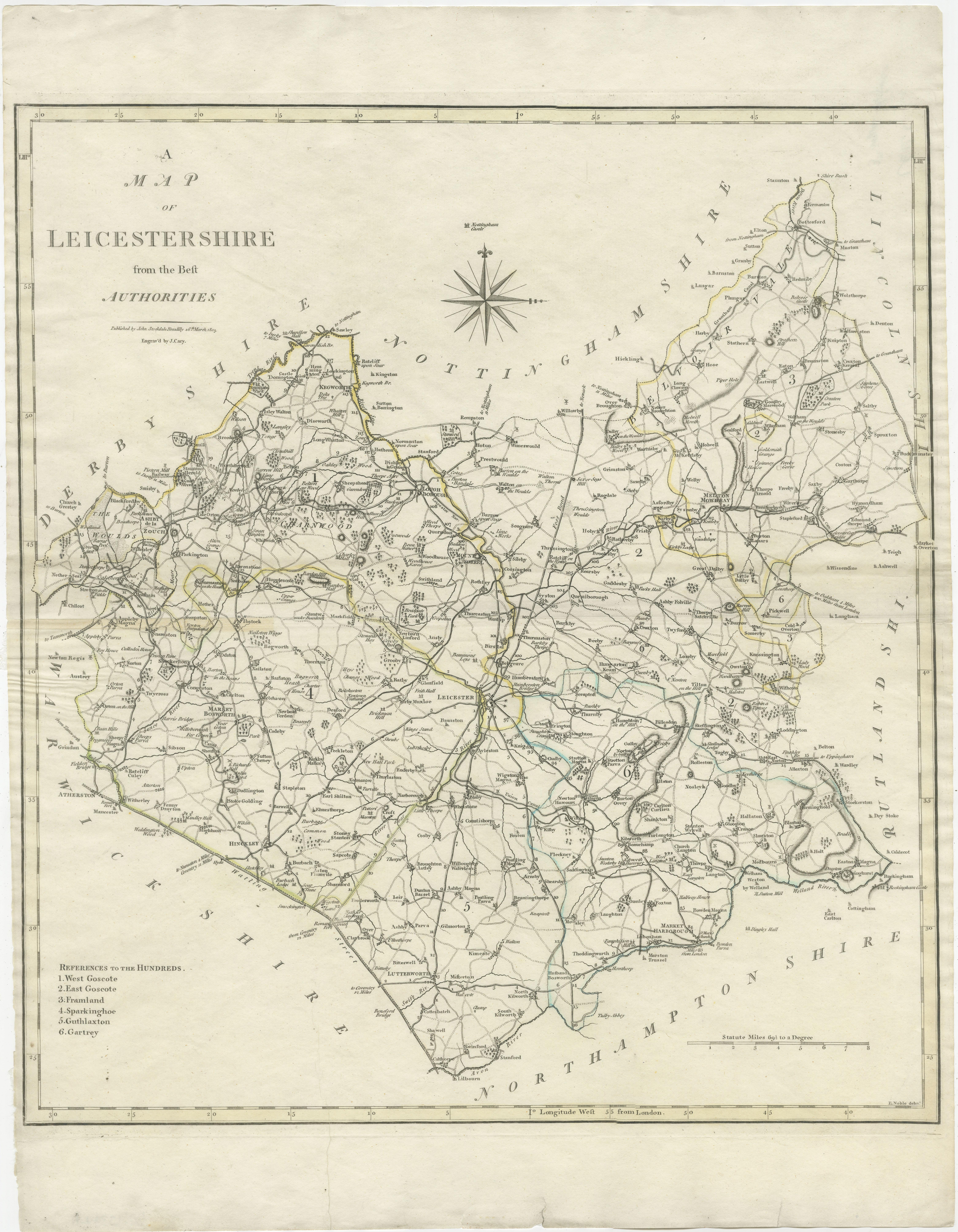 Antique map titled 'A Map of Leicestershire from the best Authorities'. Original old county map of Leicestershire, England. Engraved by John Cary. Originates from 'New British Atlas' by John Stockdale, published 1805. 

John Cary (1755-1835) was a