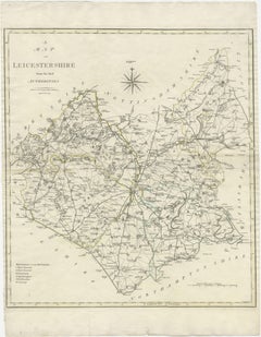 Large Antique County Map of Leicestershire, England, with Outline Coloring
