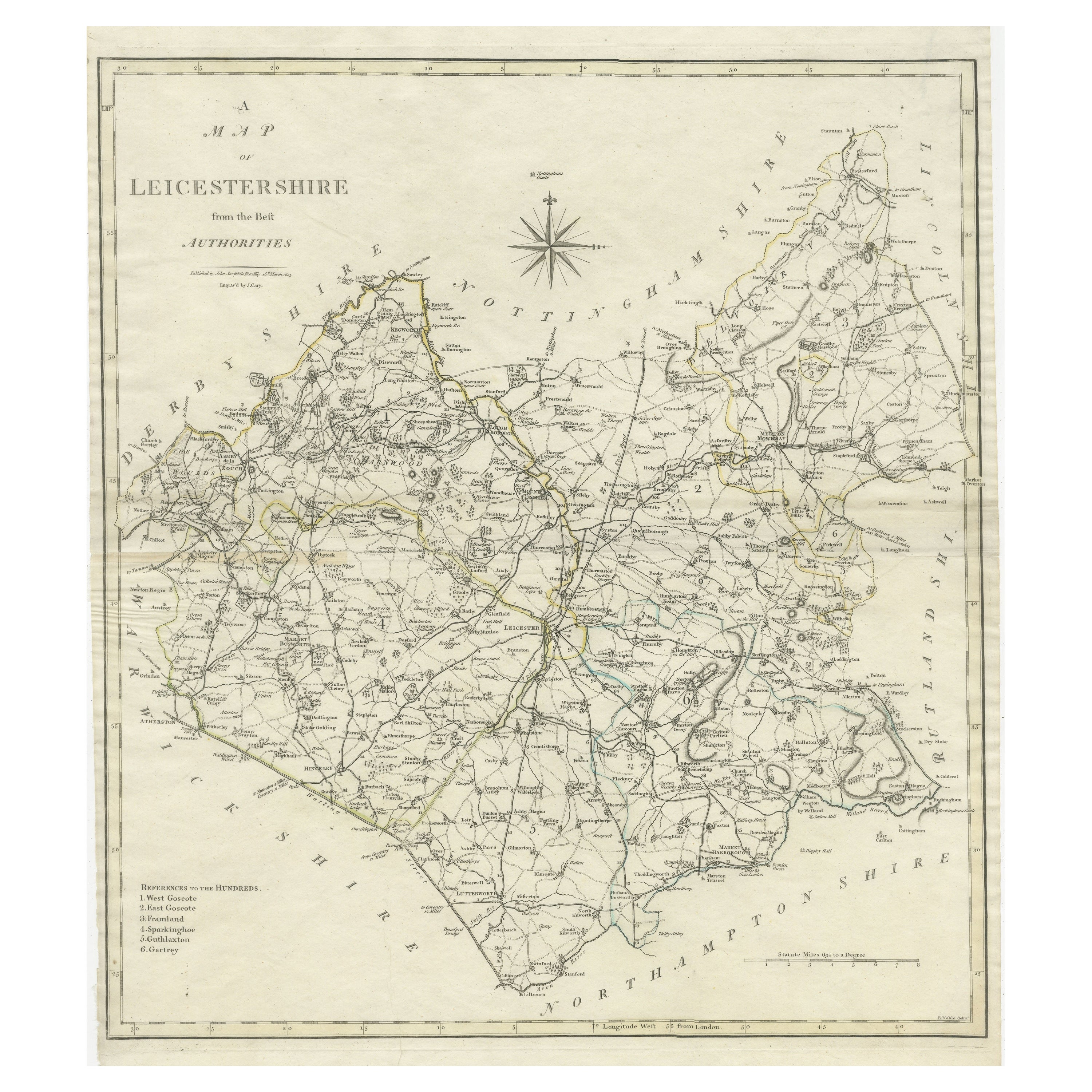 Grande mappa antica della contea del Leicestershire, Inghilterra, con contorno colorato