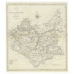 Grande mappa antica della contea del Leicestershire, Inghilterra, con contorno colorato