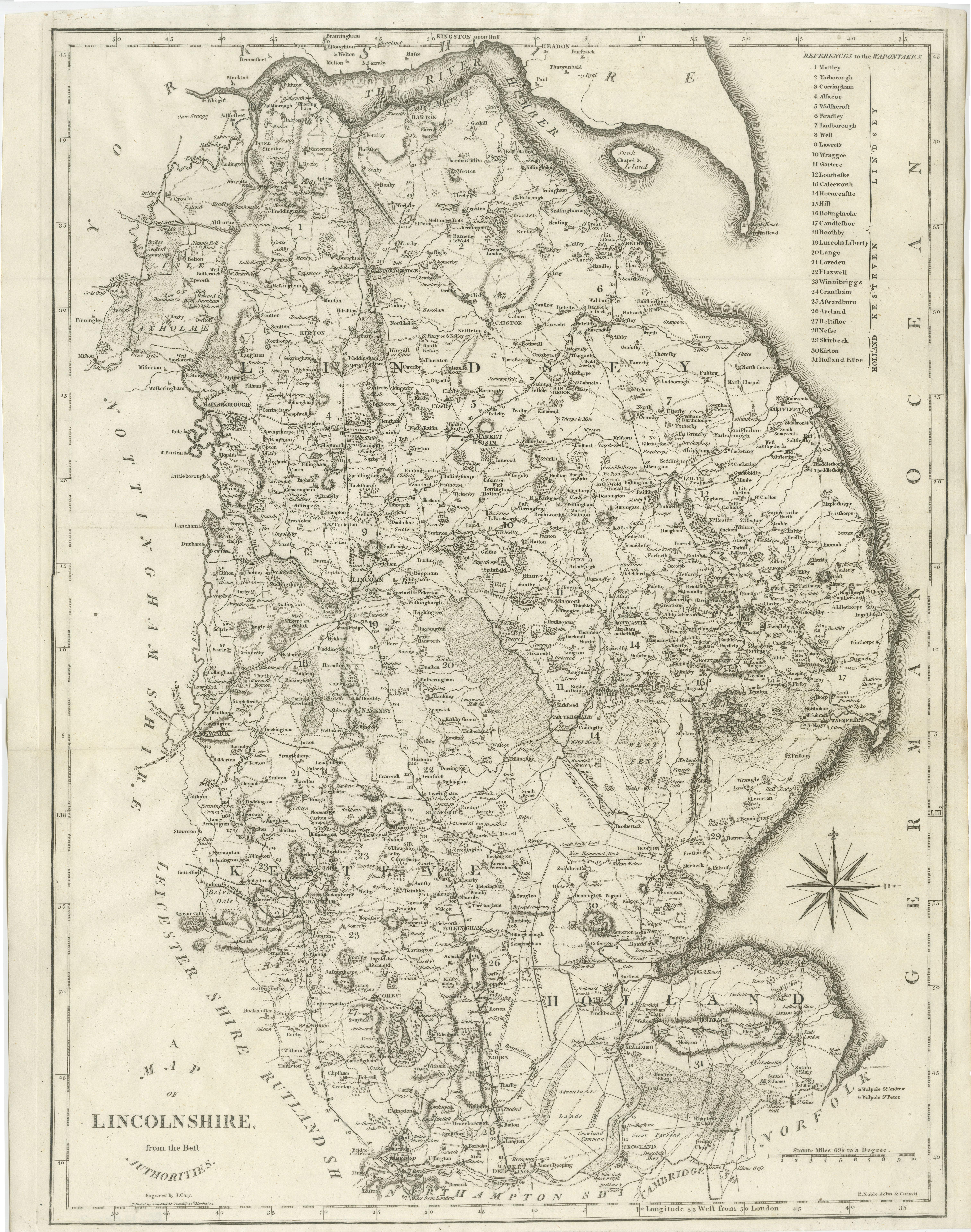 Antique map titled 'A Map of Lincolnshire from the best Authorities'. Original old county map of Lincolnshire, England. Engraved by John Cary. Originates from 'New British Atlas' by John Stockdale, published 1805. 

John Cary (1755-1835) was a