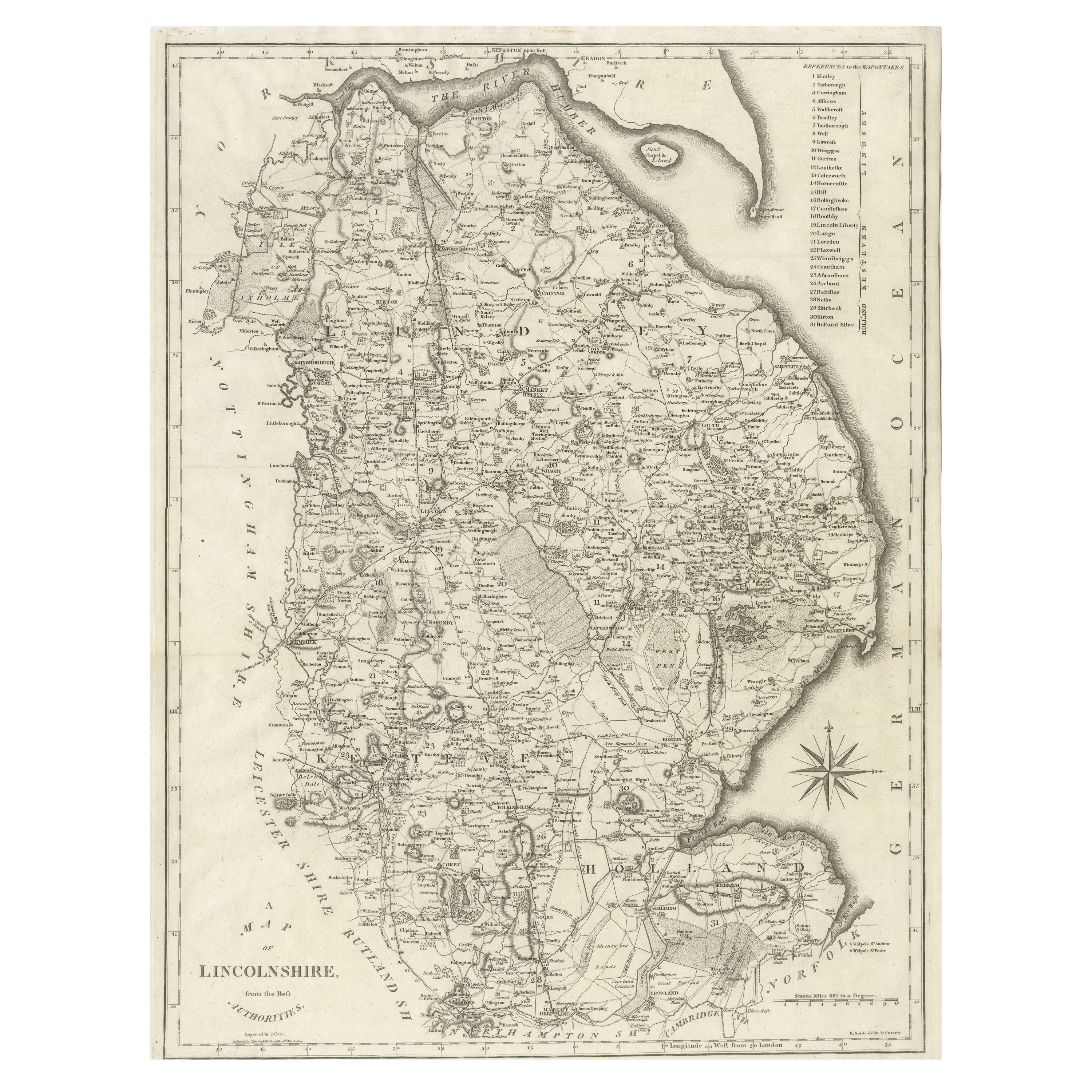 Grande mappa antica della contea del Lincolnshire, Inghilterra
