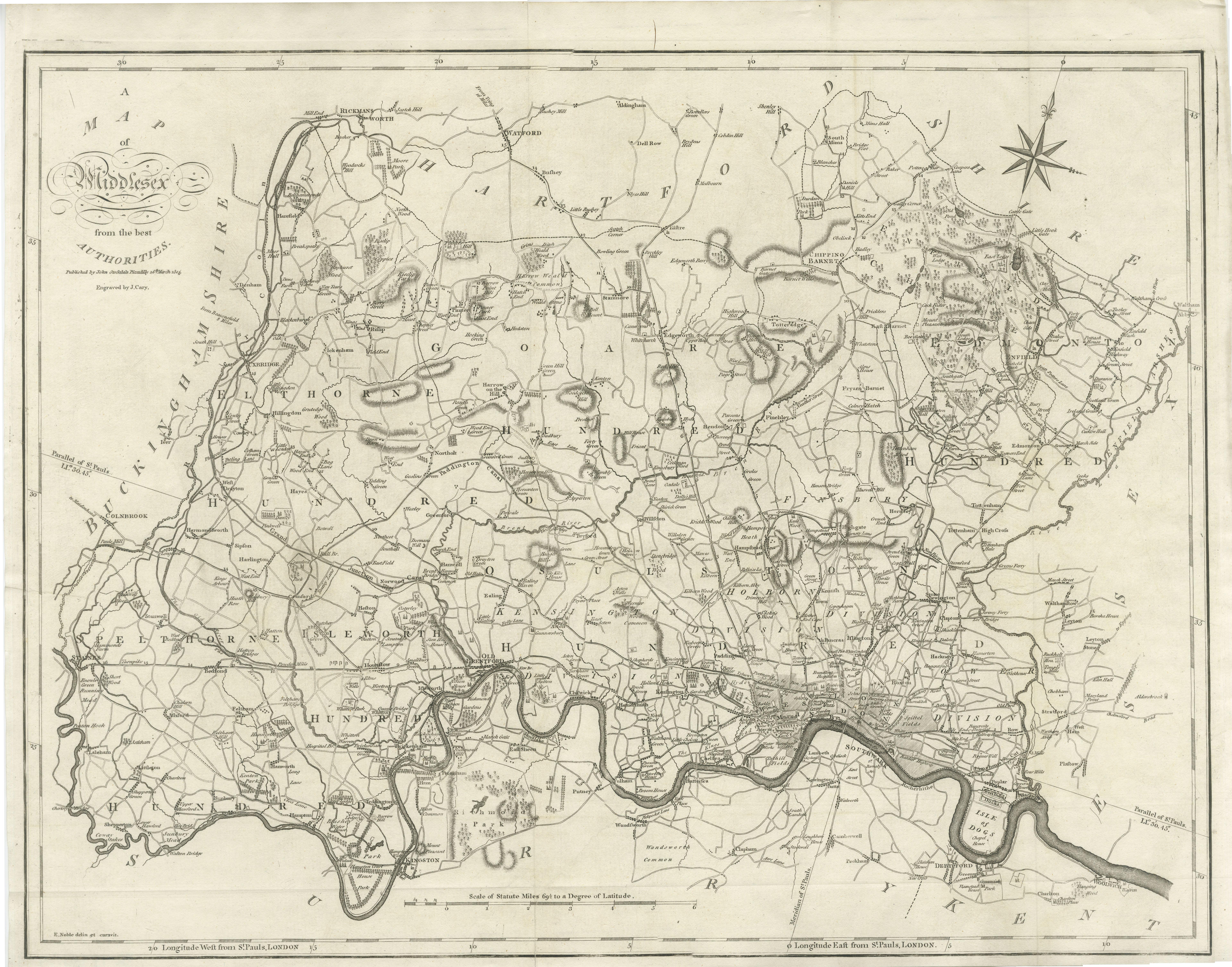 Antique map titled 'A Map of Middlesex from the best Authorities'. Original old county map of Middlesex, England. Engraved by John Cary. Originates from 'New British Atlas' by John Stockdale, published 1805. 

John Cary (1755-1835) was a British
