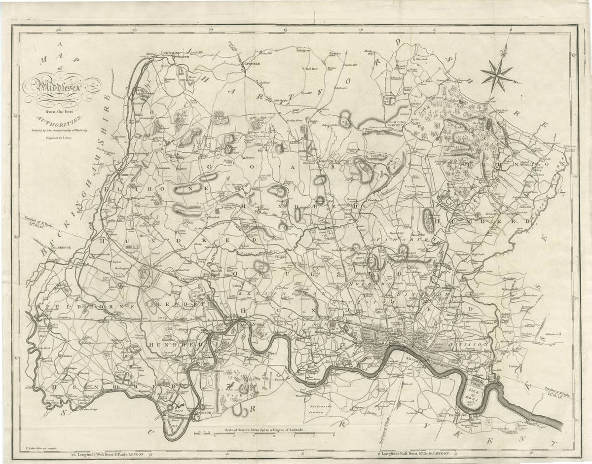 Large Antique County Map of Middlesex, England