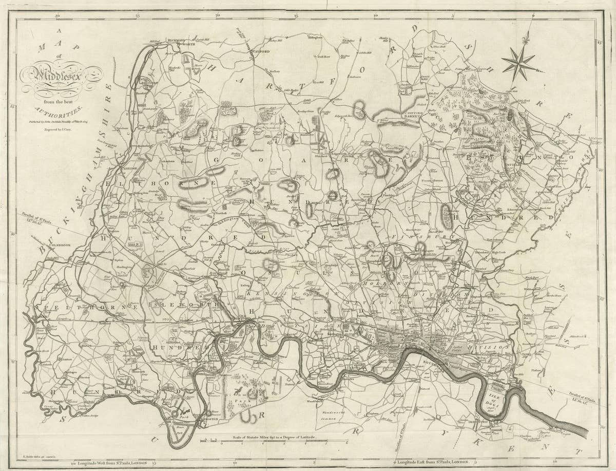 Large Antique County Map of Middlesex, England