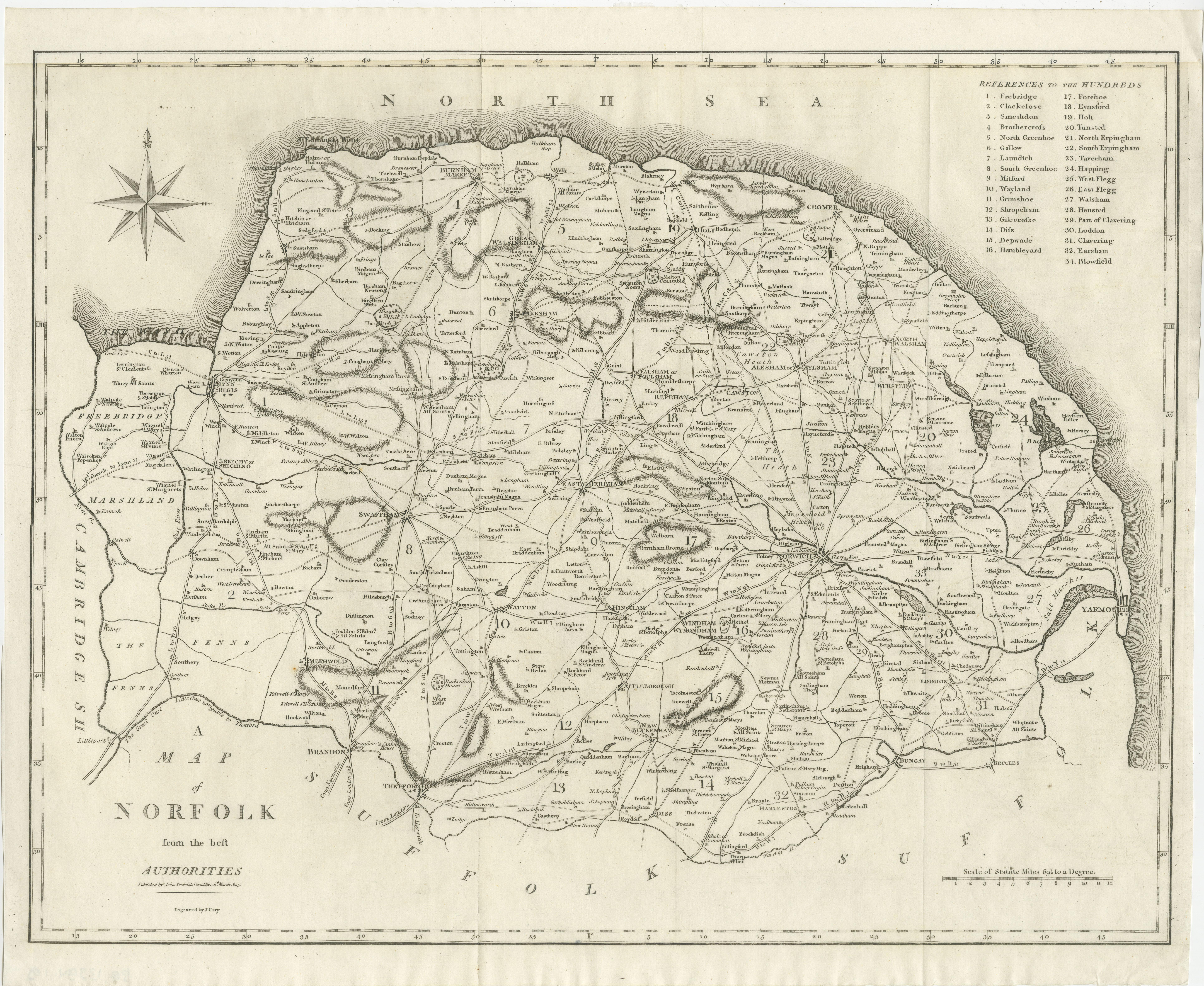 Antique map titled 'A Map of Norfolk from the best Authorities'. Original old county map of Norfolk, England. Engraved by John Cary. Originates from 'New British Atlas' by John Stockdale, published 1805. 

John Cary (1755-1835) was a British
