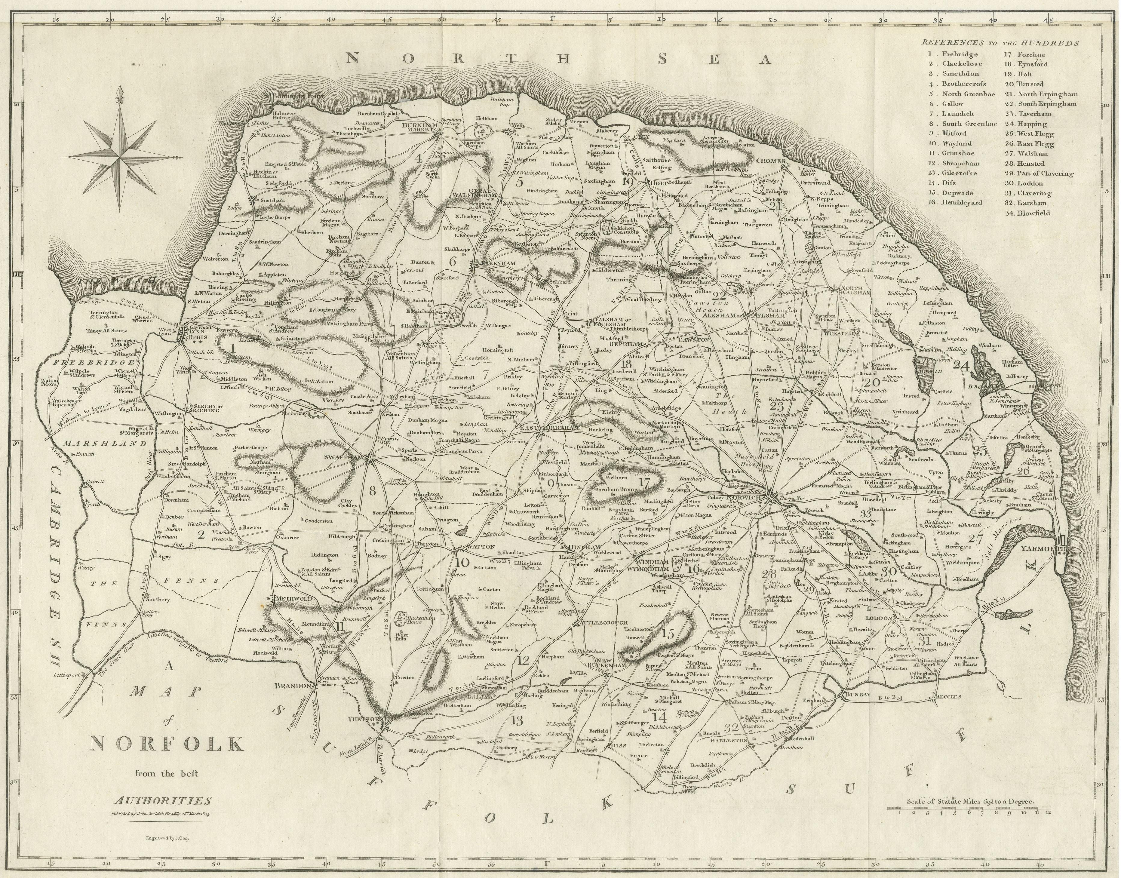 Große antike Grafschaftskarte von Norfolk, England im Zustand „Gut“ im Angebot in Langweer, NL