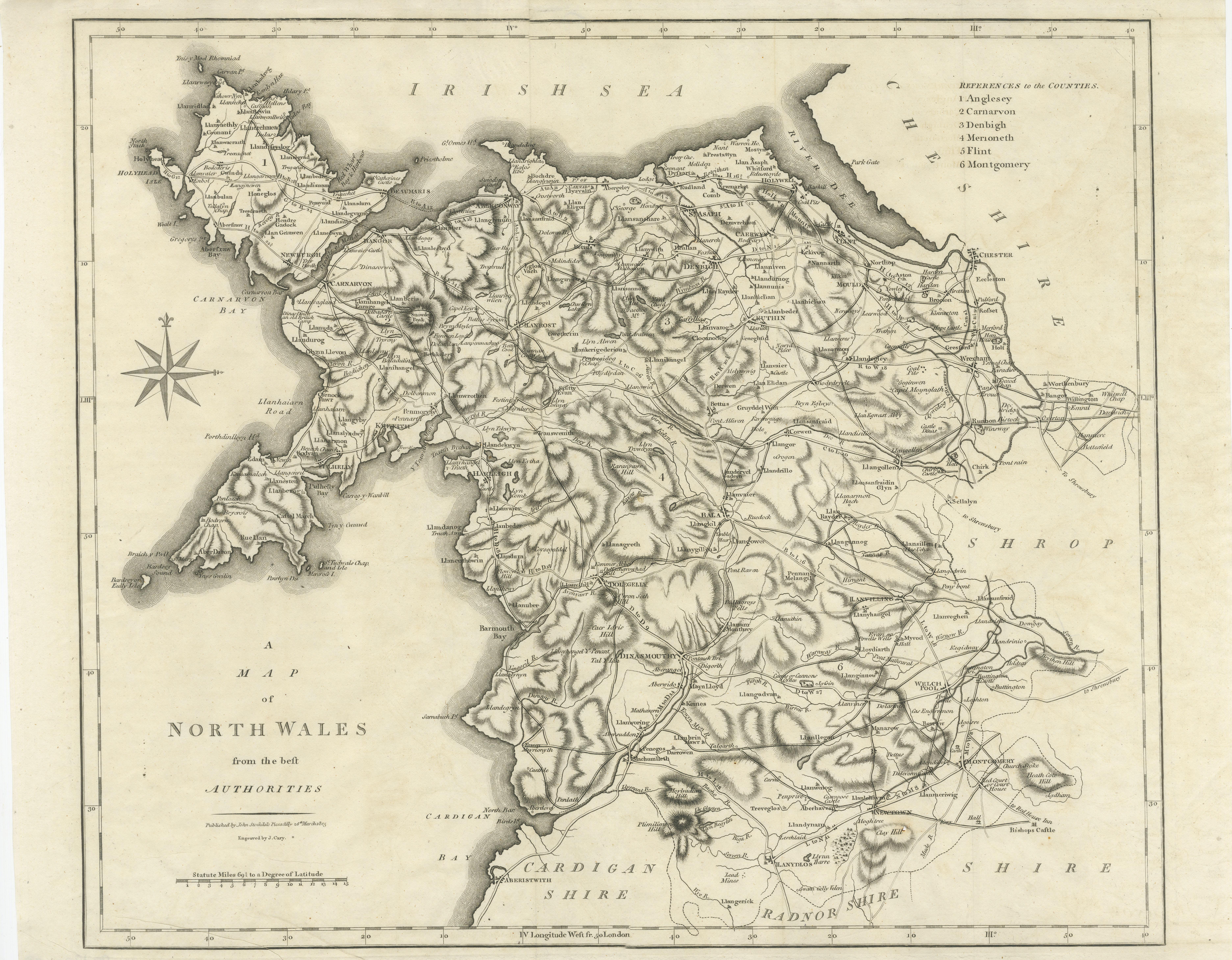 Antike Karte mit dem Titel 'A Map of North Wales from the best Authorities'. Original alte Grafschaftskarte von Nordwales, England. Gestochen von John Cary's. Stammt aus dem 