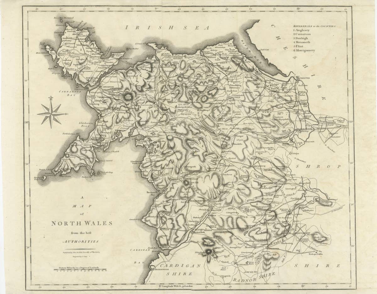 Large Antique County Map of North Wales, England
