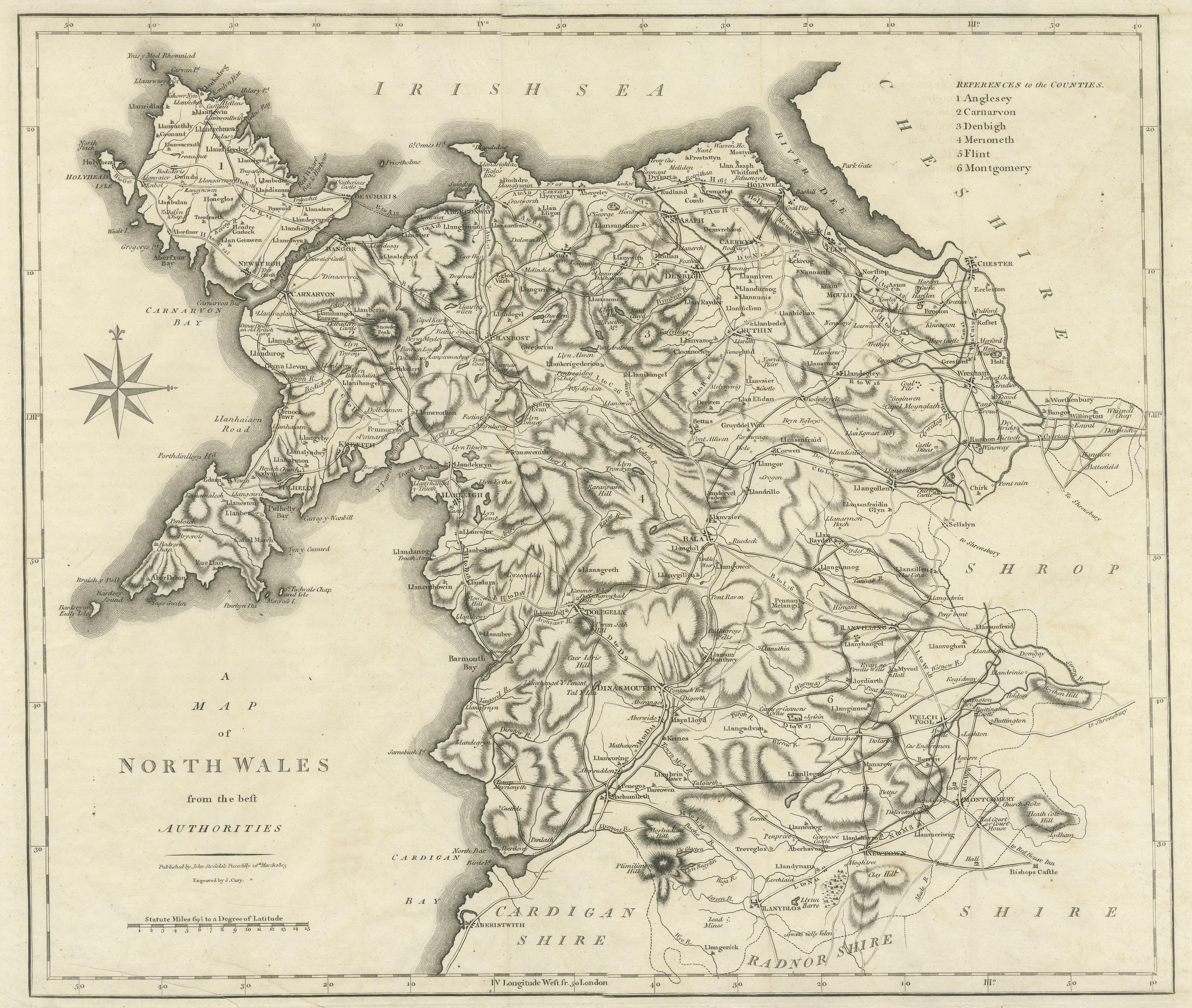 Große antike Grafschaftskarte von Nordwales, England im Zustand „Relativ gut“ im Angebot in Langweer, NL