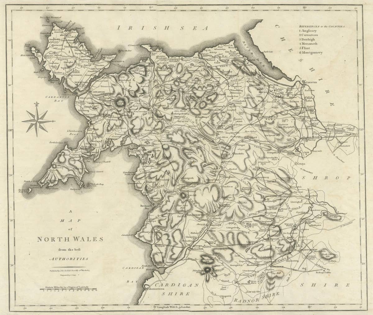 Large Antique County Map of North Wales, England
