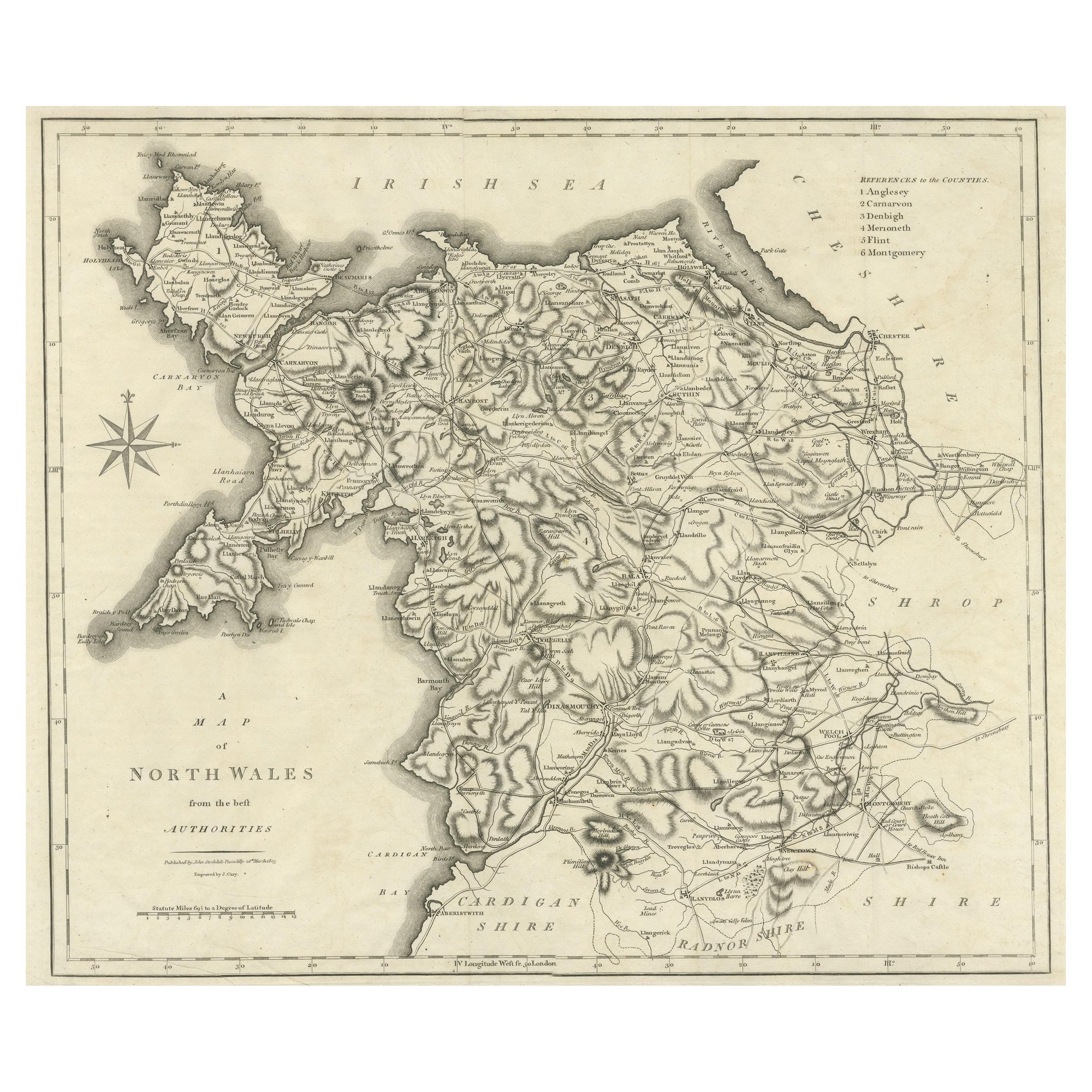 Gran mapa antiguo del condado de Gales del Norte, Inglaterra