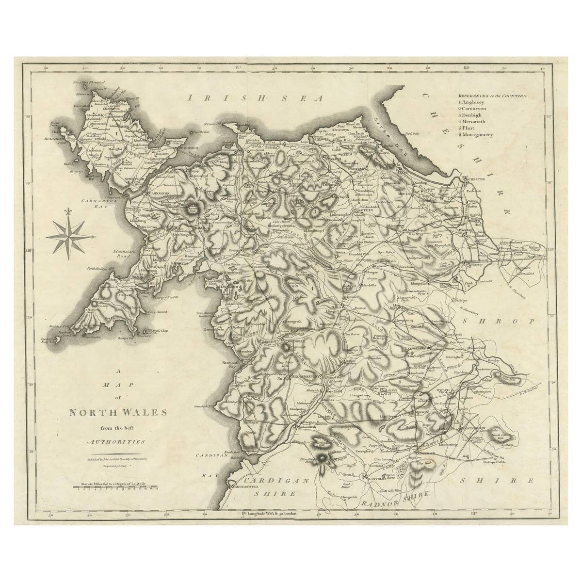 Large Antique County Map of North Wales, England