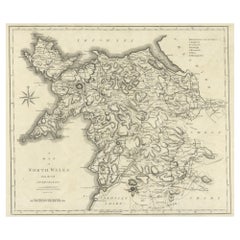 Gran mapa antiguo del condado de Gales del Norte, Inglaterra