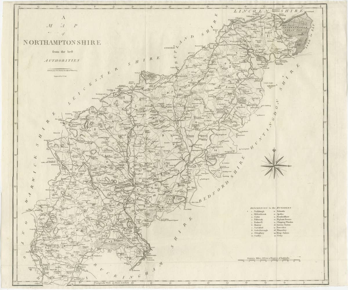 Large Antique County Map of Northamptonshire, England