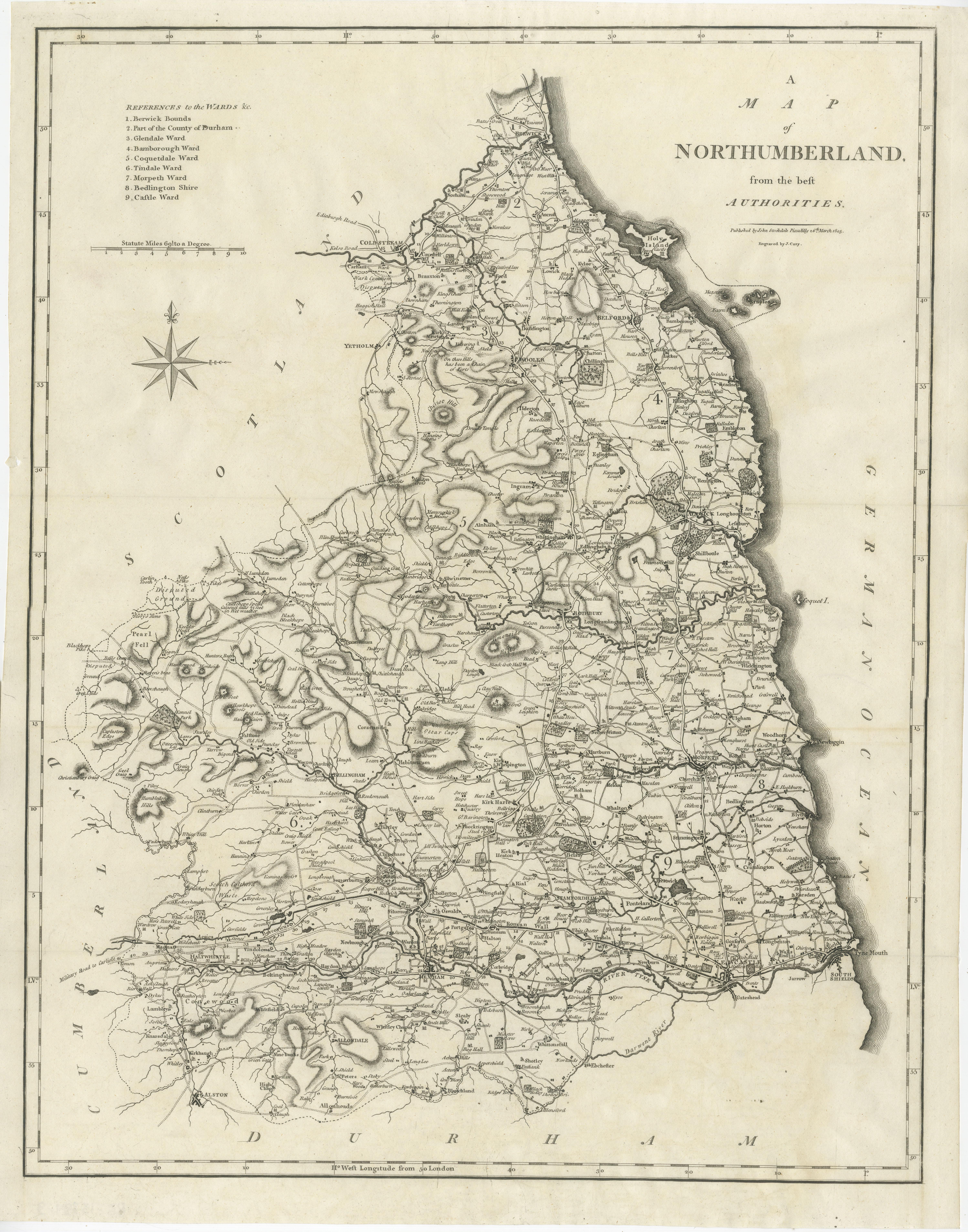 Antique map titled 'A Map of Northumberland from the best Authorities'. Original old county map of Northumberland, England. Engraved by John Cary. Originates from 'New British Atlas' by John Stockdale, published 1805. 

John Cary (1755-1835) was a