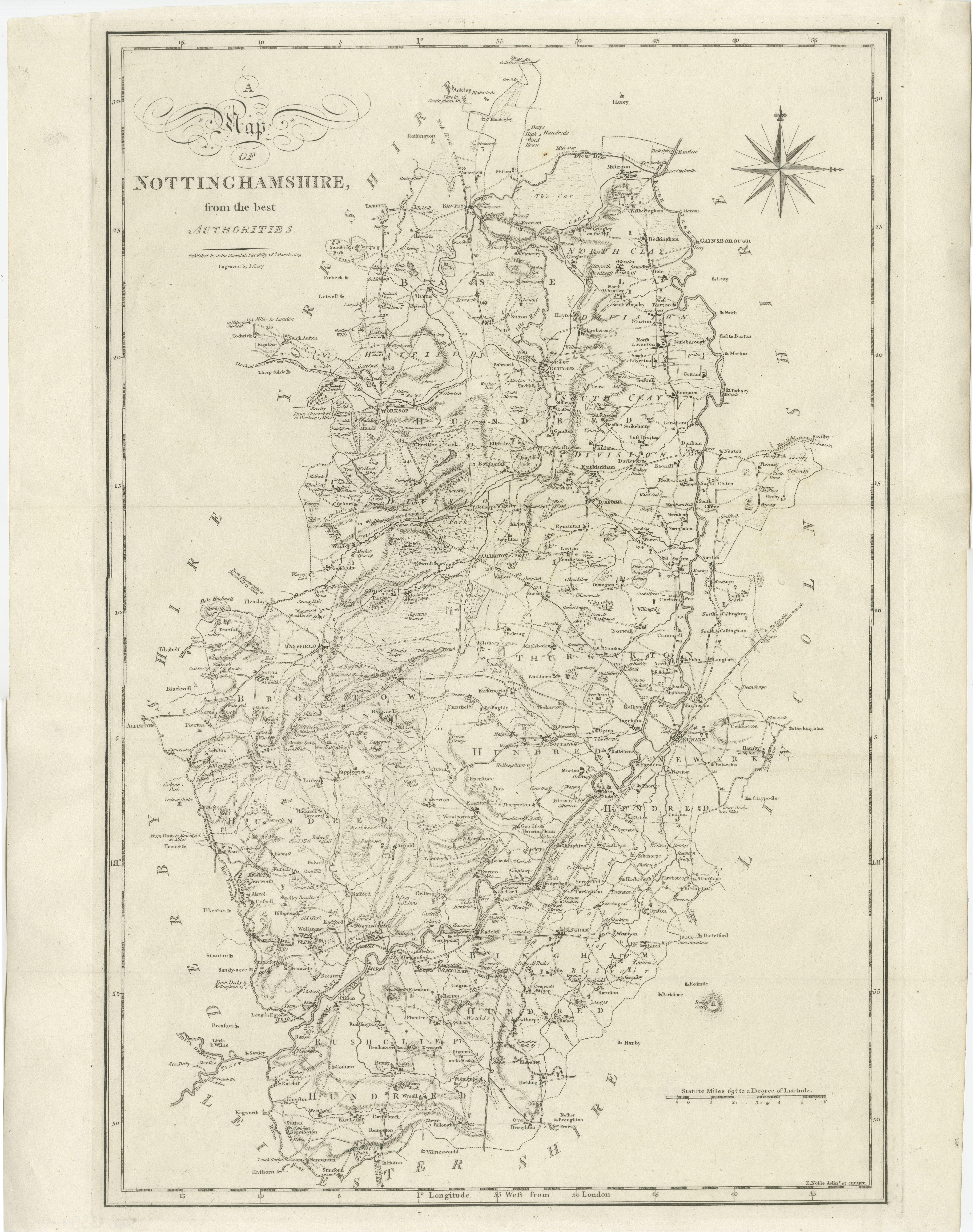 Paper Large Antique County Map of Nottinghamshire, England For Sale