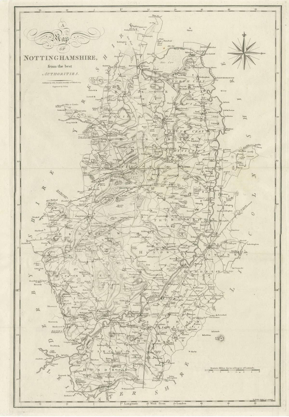 Large Antique County Map of Nottinghamshire, England