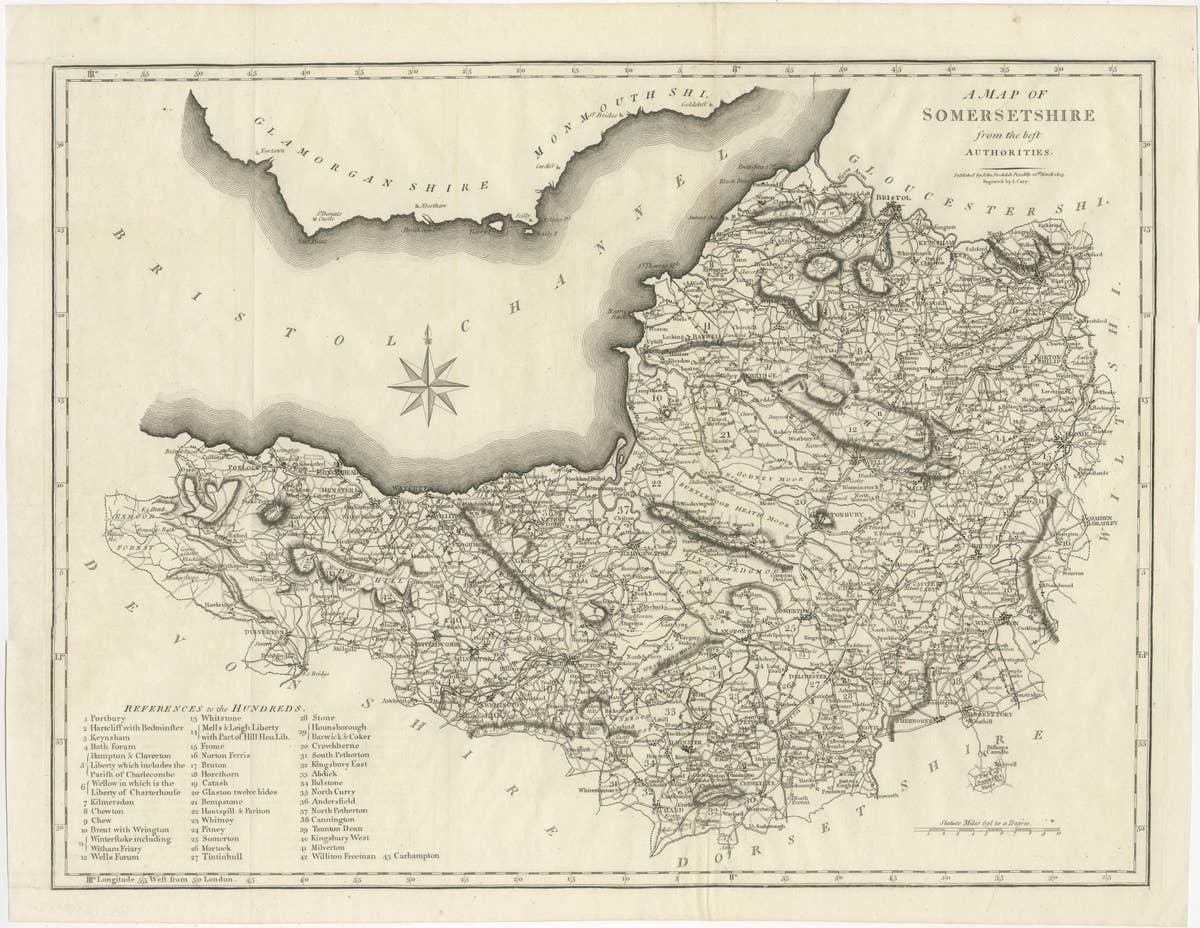Large Antique County Map of Somersetshire, England