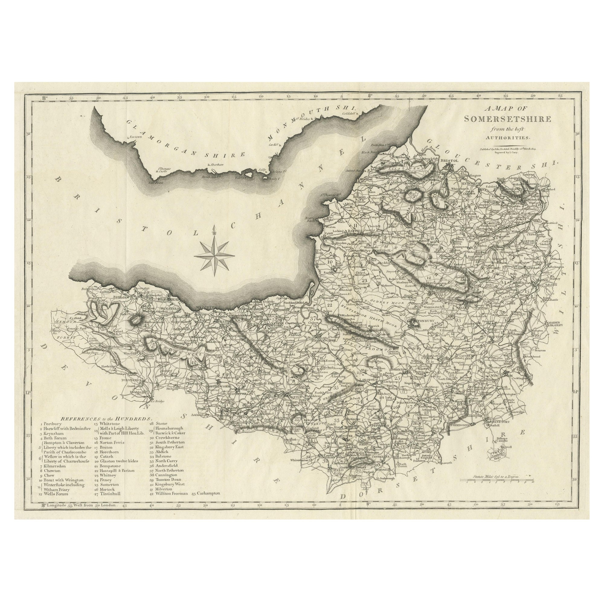 Grande mappa antica della contea del Somersetshire, Inghilterra
