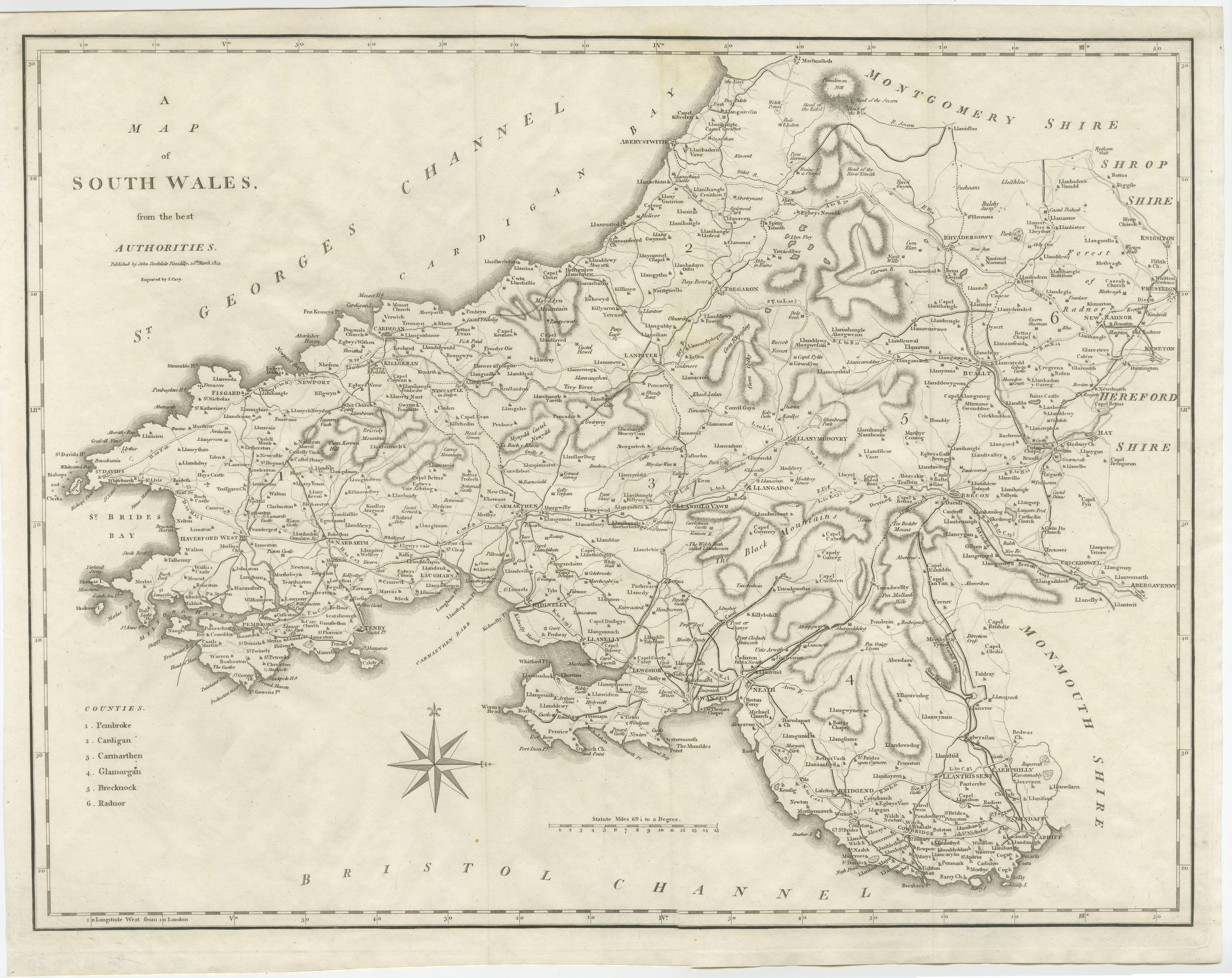 Antique map titled 'A Map of South Wales from the best Authorities'. Original old county map of South Wales, England. Engraved by John Cary. Originates from 'New British Atlas' by John Stockdale, published 1805. 

John Cary (1755-1835) was a