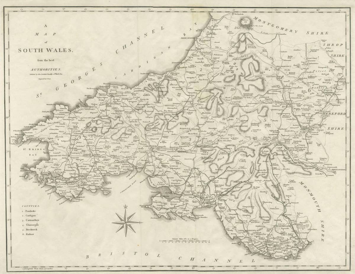 Large Antique County Map of South Wales, England