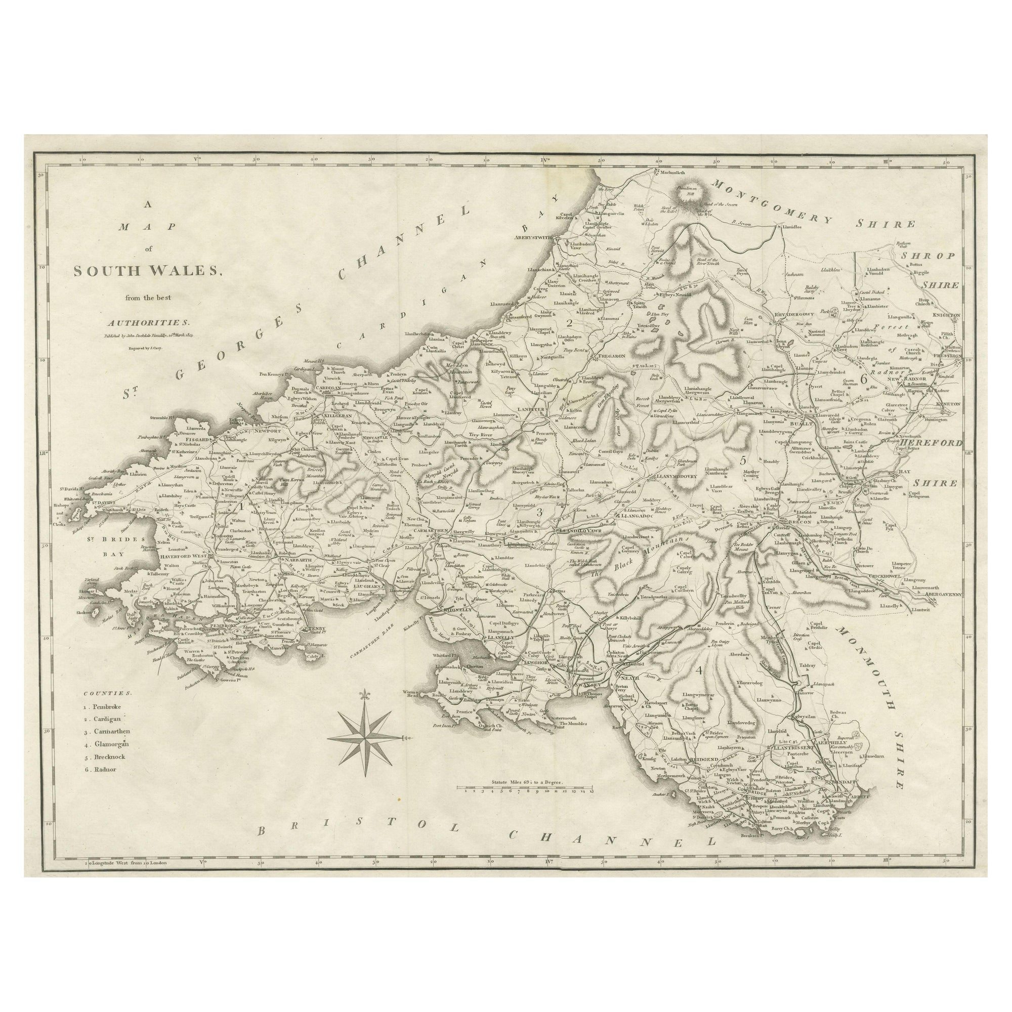 Mappa antica di grandi dimensioni della contea di South Wales, Inghilterra